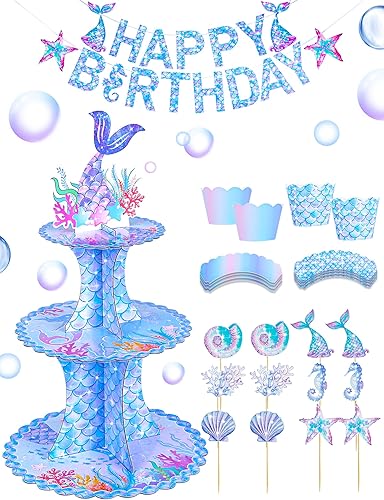 JroyJoy Soporte para cupcakes de sirena, 3 niveles con decoración de tartas y envoltorios de cupcakes y juego de pancartas de feliz cumpleaños,