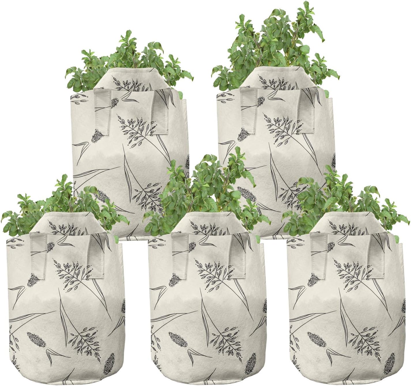 Ambesonne Boho Grow Bags 5-Pack, Botanical Nature Herbs Pattern, Heavyduty Fabric Pots with Handles for Plants, Cream and Charcoal Grey