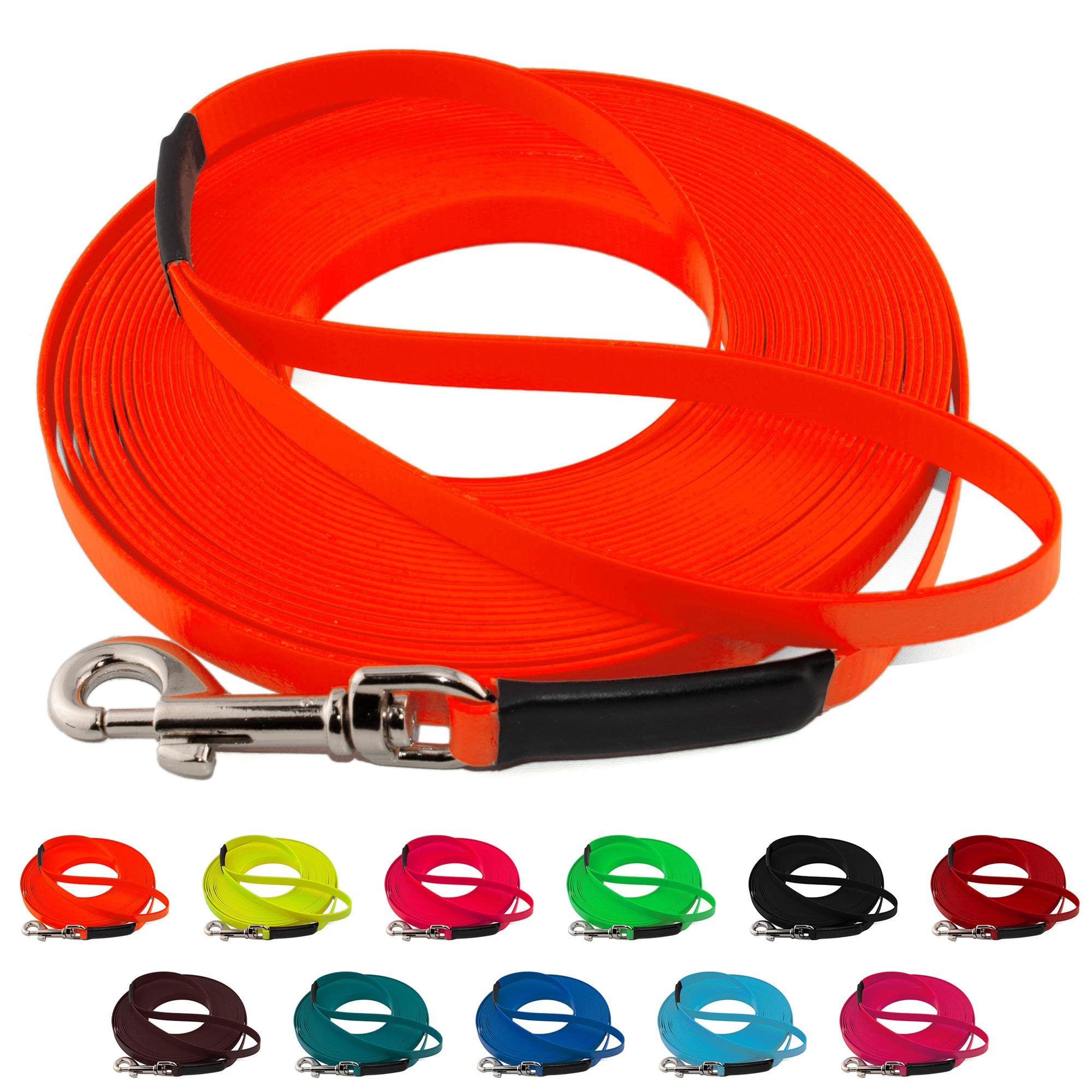 LENNIE Leichte BioThane Schleppleine, 13mm, Hunde 15-25kg, 15m lang, mit Handschlaufe, Neon-Orange, genäht