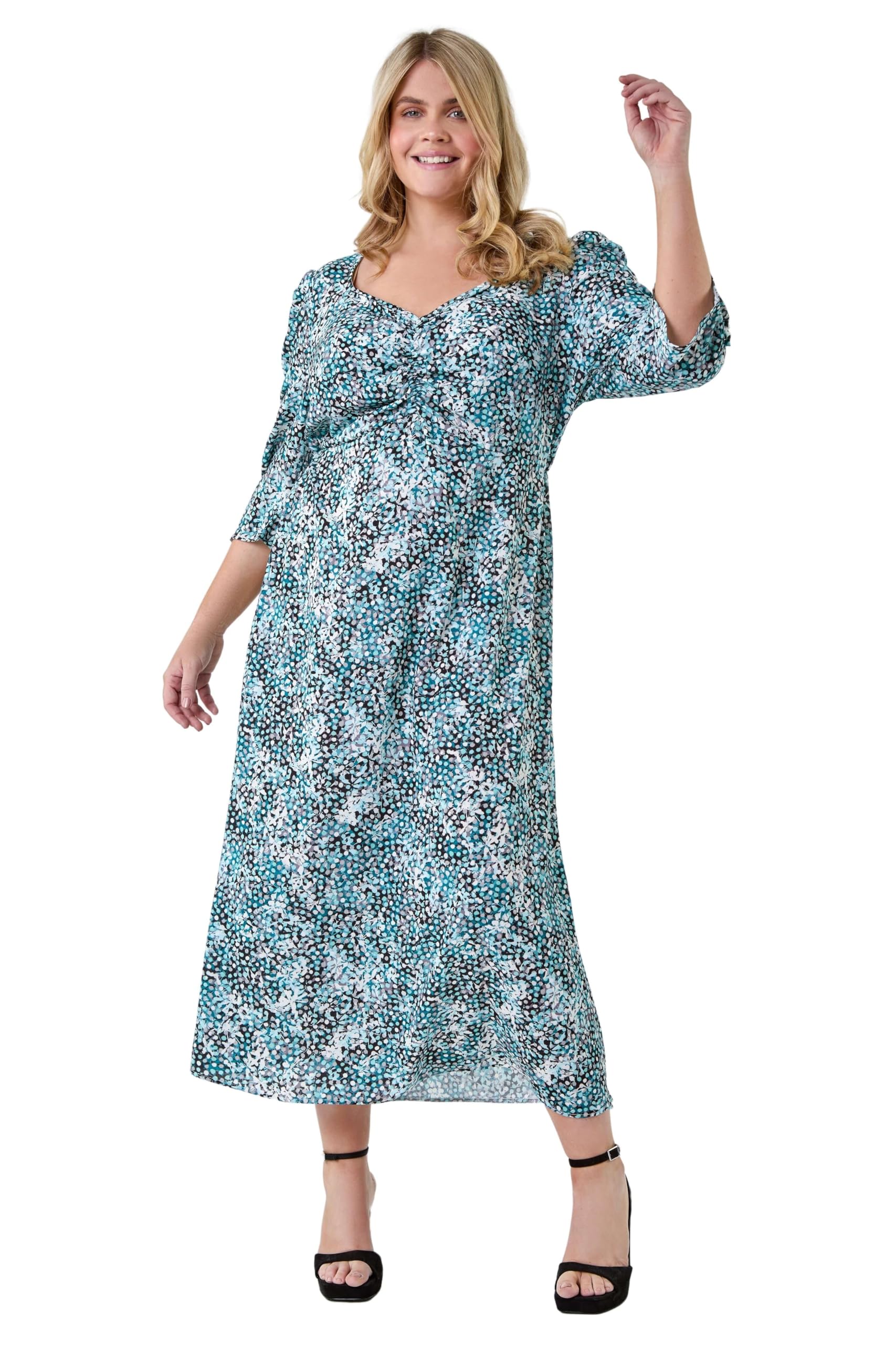 Roman Originals Women's Teal Plus Tea Dress For Uk Skater Swing Fit & Flare Flattering Summer Knee Length Frill Hem Ruched Chest Casual Smart Cocktail Party Going Out - Size 18