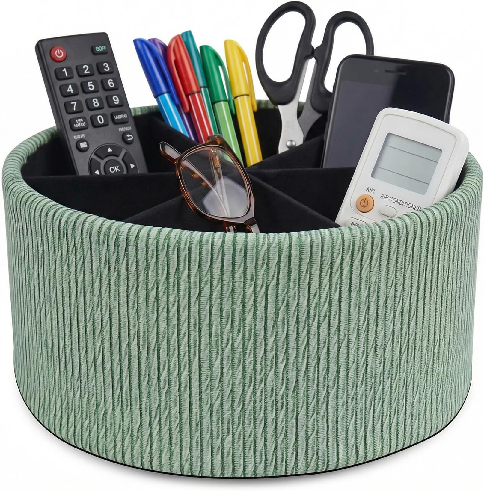 Remote Control Holder, 360°Spinning PU Leather Desk TV Remote Caddy,Desk Storage Box Room Accessories for Controller, Media,Mail,Calculator, Mobile Phone,Pencil(1-Big Wood Green)