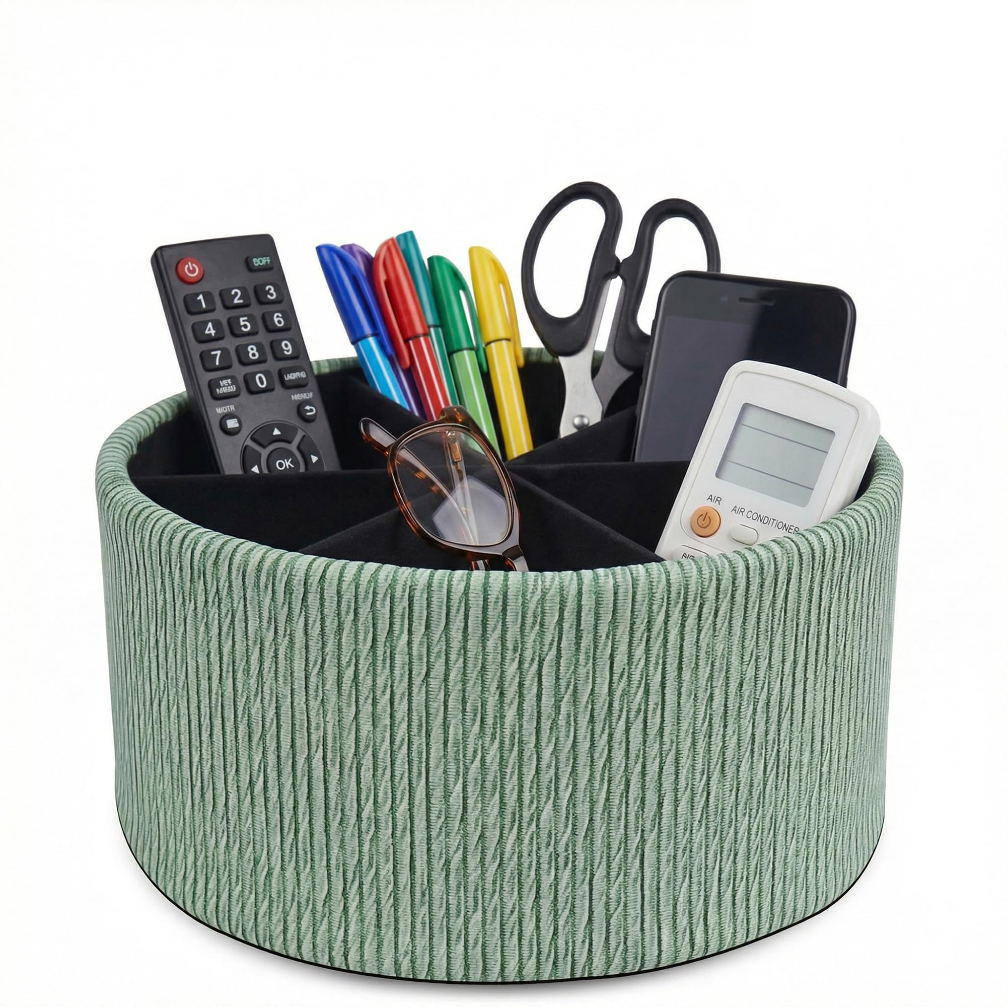 Remote Control Holder, 360°Spinning PU Leather Desk TV Remote Caddy,Desk Storage Box Room Accessories for Controller, Media,Mail,Calculator, Mobile Phone,Pencil(1-Big Wood Green)