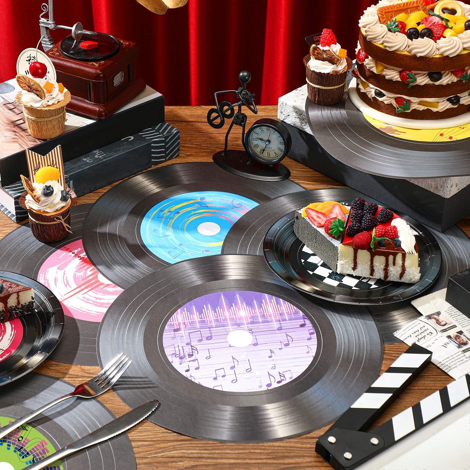 FillTouch Platzsets aus Vinyl mit Musikmotiven, 33 cm, 1950er-Jahre, Rock-and-Roll-Vinyl-Schallplatten, runde Einweg-Tischsets, 50er-Jahre-Party-Tischsets für Esszimmer, Heimdekoration, 60 Stück