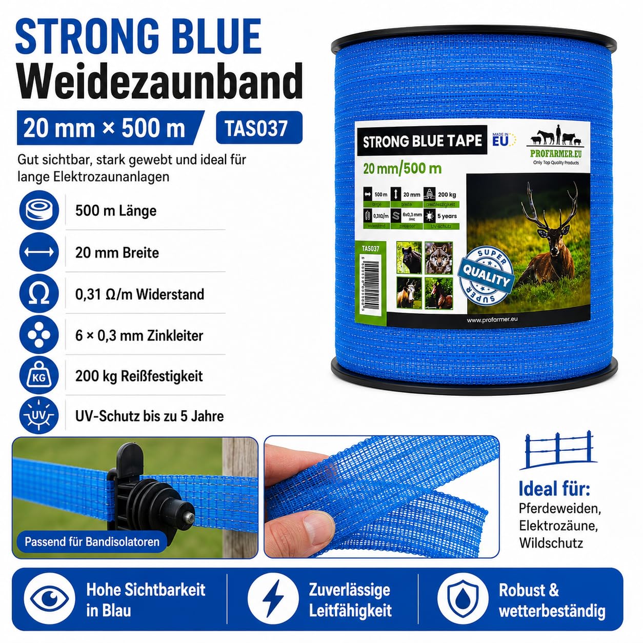 Strong Weidezaunband Breitband für Elektrozaun, 500m, 20mm, Blau
