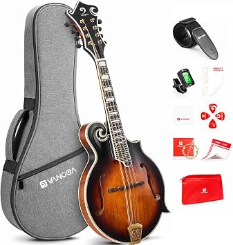 Vangoa F-Style Mandolins Instrument, Solid Spruce and Maple, 29-Fret, Ebony Fingerboard and Bridge, 8 String Acoustic Mandolin, for Beginner Adults and the higher stages players, Classic Sunburst