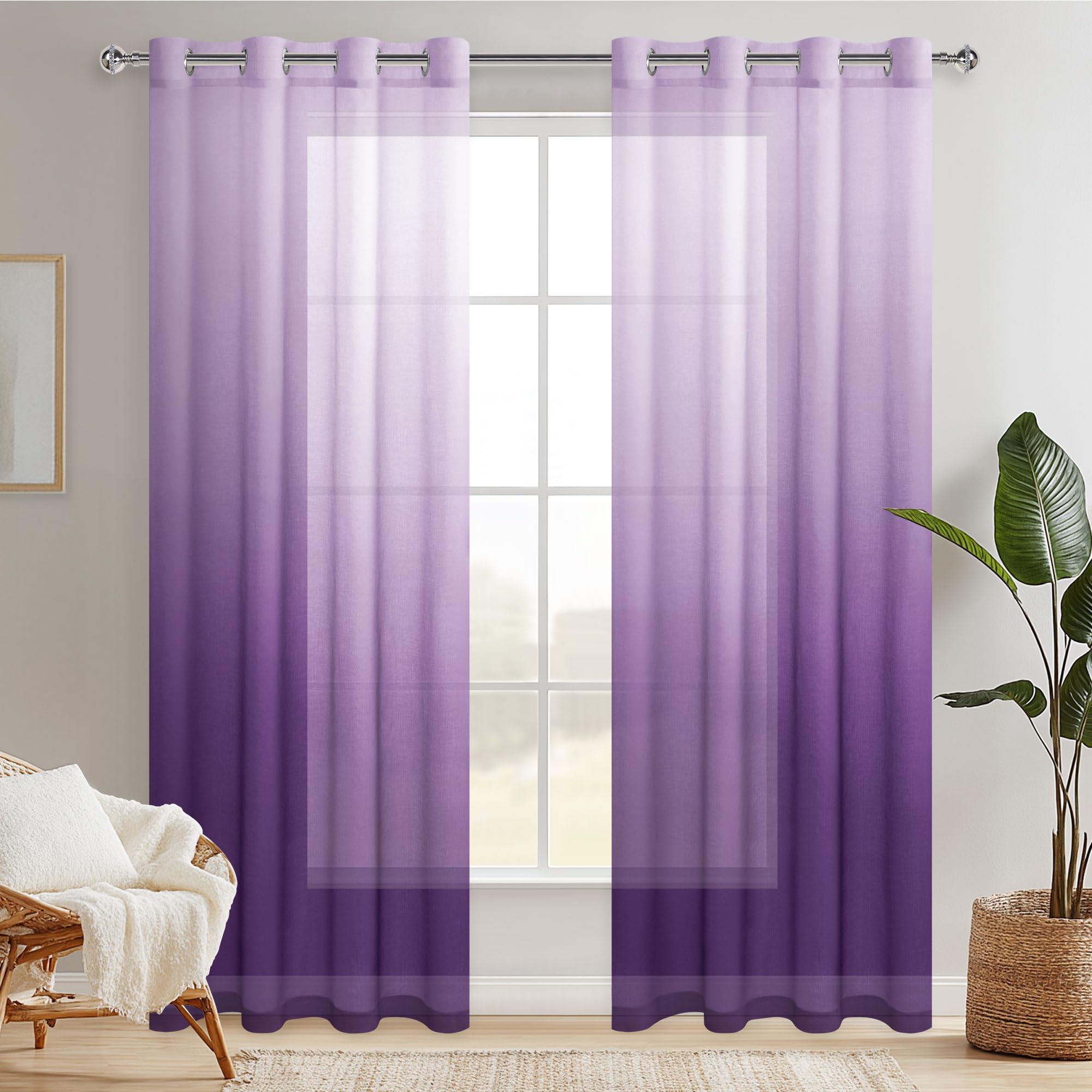 Hiasan Lila Gardinen mit Ösen Vorhänge Halbtransparent Wohnzimmer | Violett Farbverlauf 140x245cm 2er Set, Ösenvorhang Gardine Vorhang aus Voile Moderne Dekoschal für Schlafzimmer Kinderzimmer