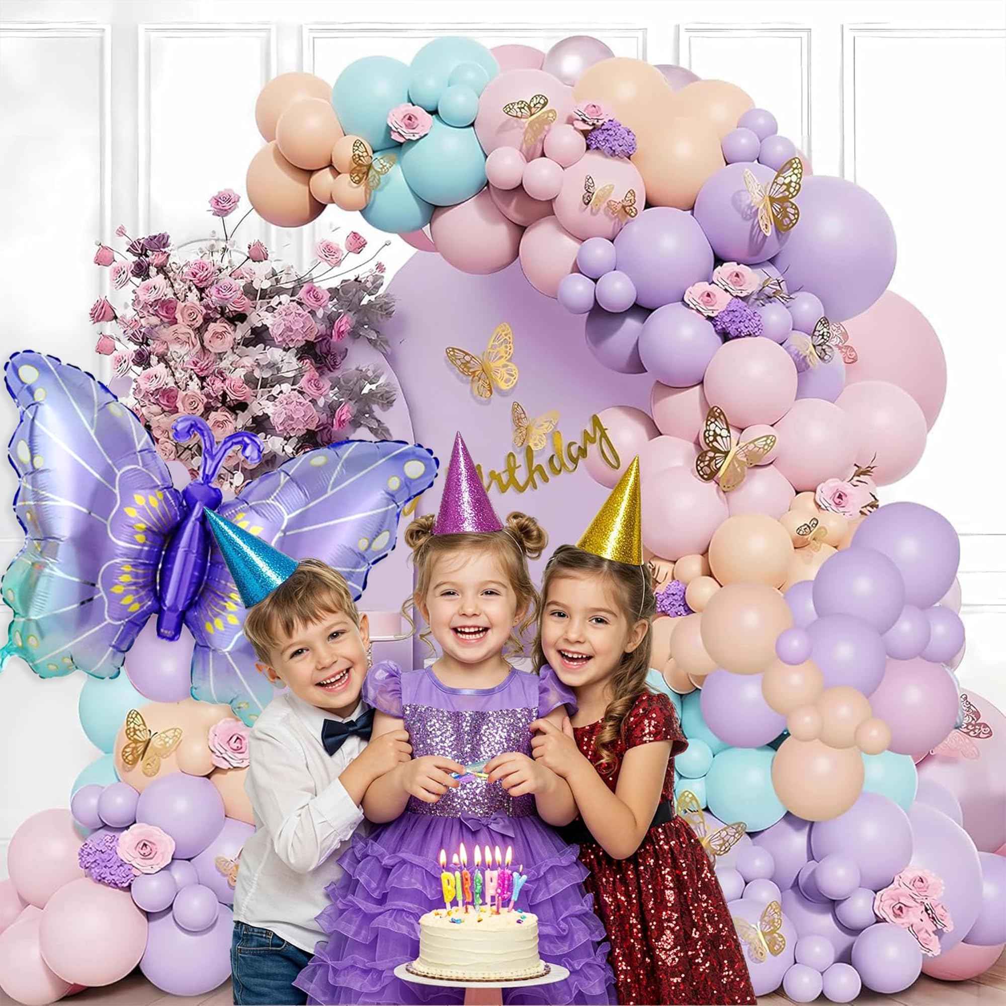 SpecialYou.in 76Pcs Birthday Party Decorations with Pastel Pink, Peach, Blue & Purple Balloons for Decor, Wall Stickers, Butterfly Decoration Items, Butterfly Foil Balloon 4