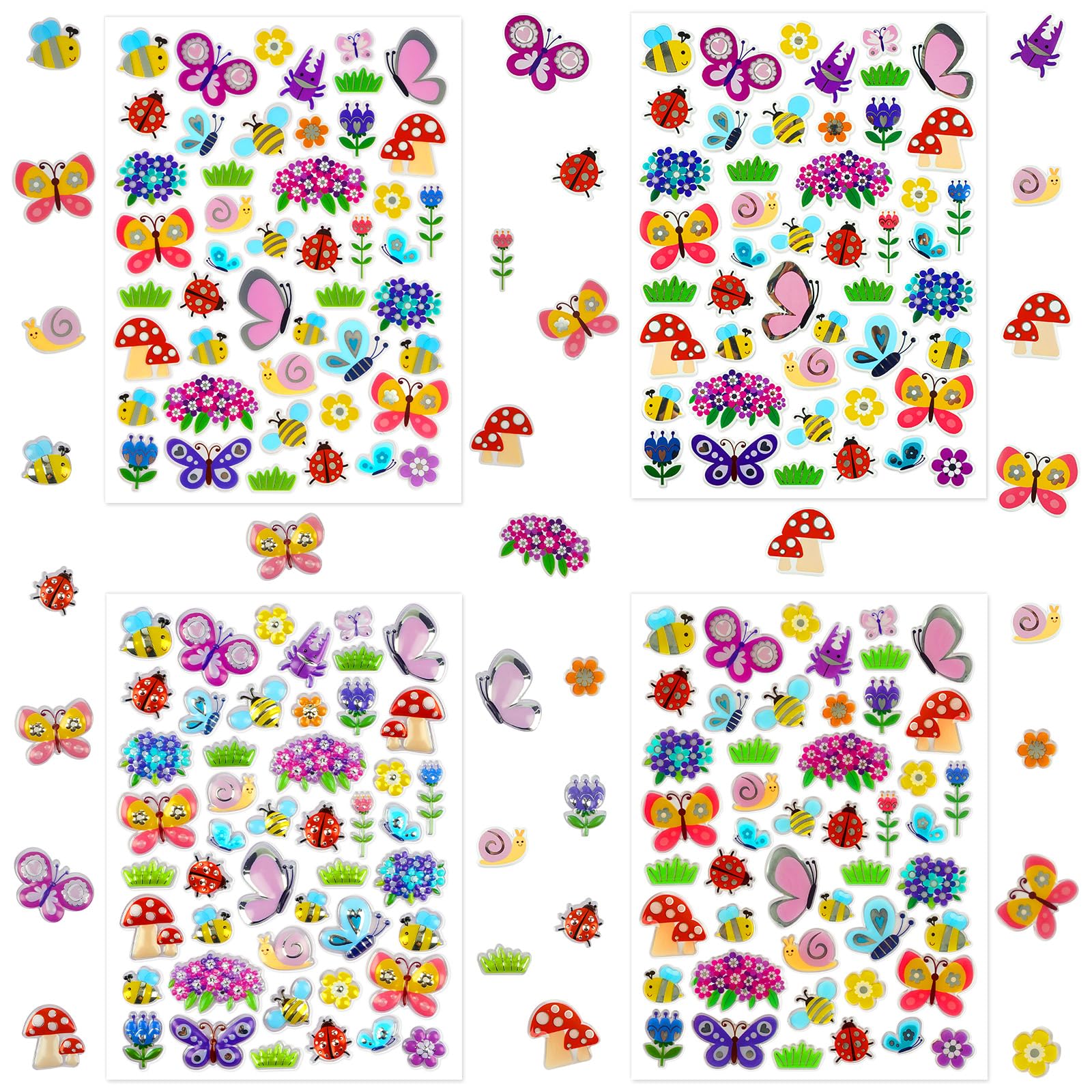 4 Sheets 3D Spring Stickers, Butterfly Bee Flower Mushroom Snail Ladybug Crab Garden Sticker, Cute Nature Stickers, Peel and Stick for Water Bottles,