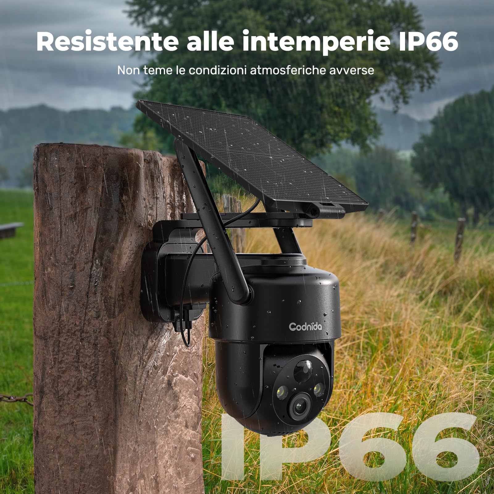 Codnida 4G Telecamera Esterno con Pannello Solare, 2K Telecamera Sanza Fili con Scheda Sim, 355° PTZ Videocamera Sorveglianza, Audio Bidirezionale, Rilevamento del Movimento, Visione Notturna a Colori