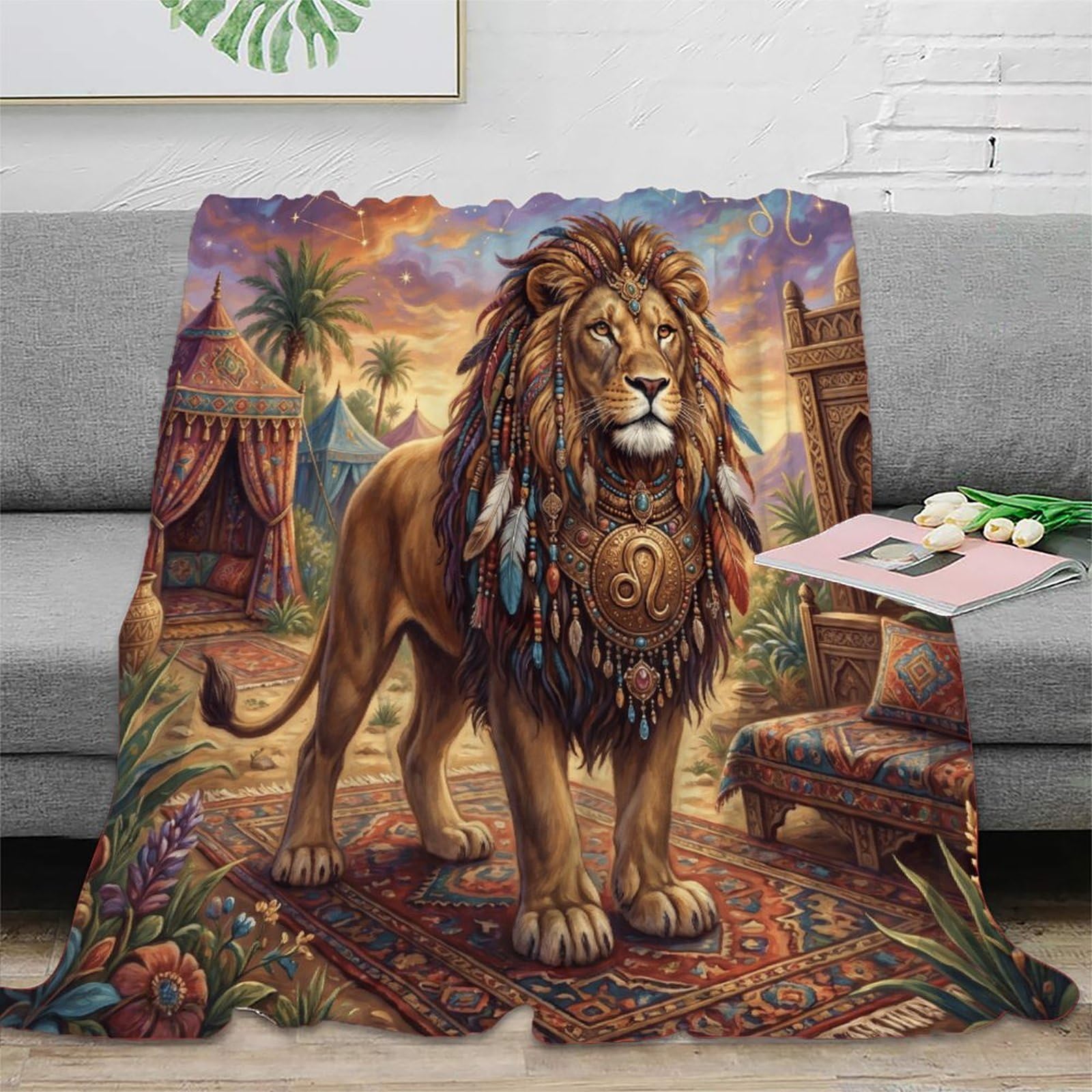Leo Zodiac Bohemia Lion Flannel Throw Blanket, Bed Camping Travel