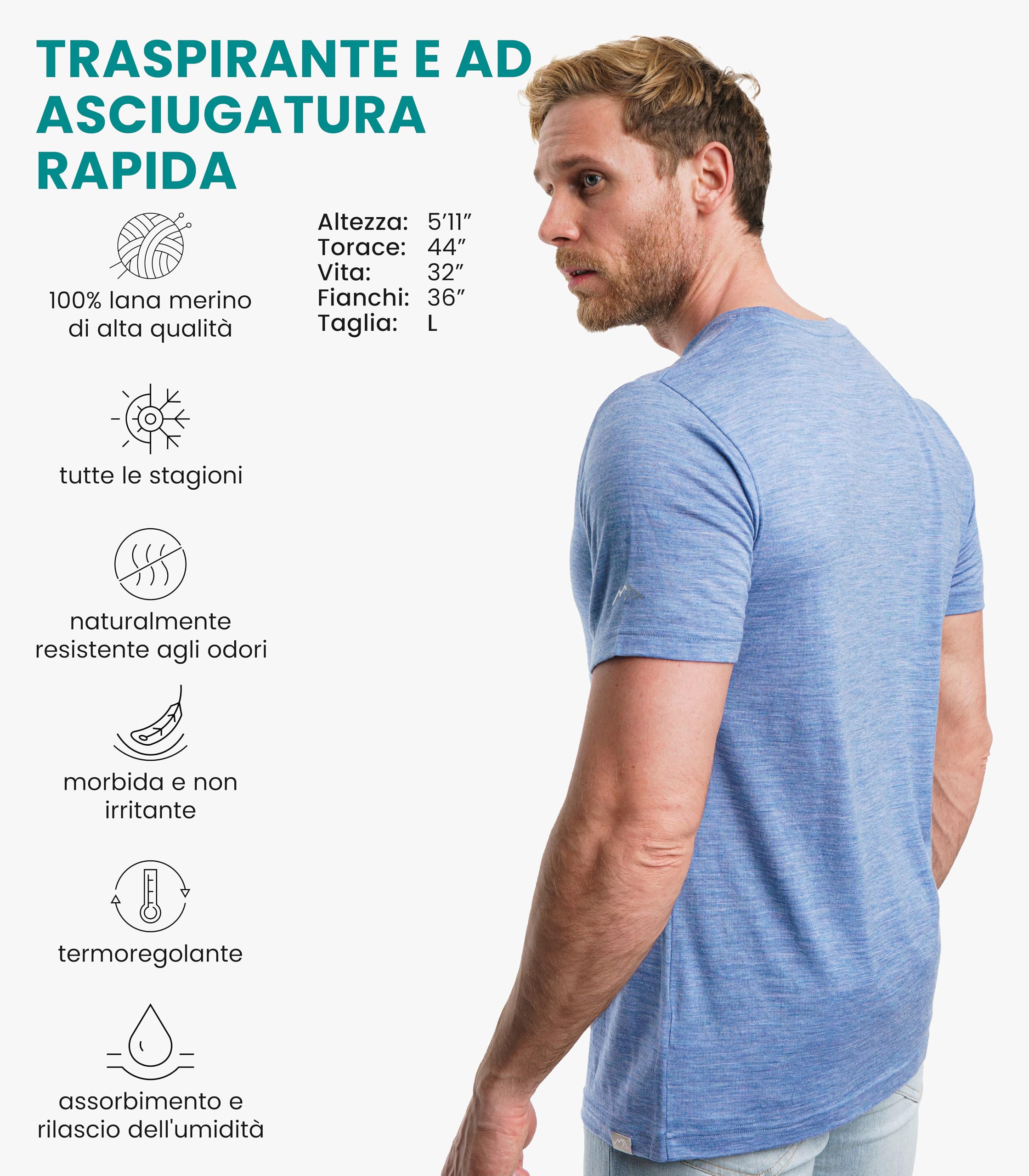Merino.tech Maglietta Lana Uomo - 100% Biologica Merino, Intimo Lana Merinos Uomo Leggero