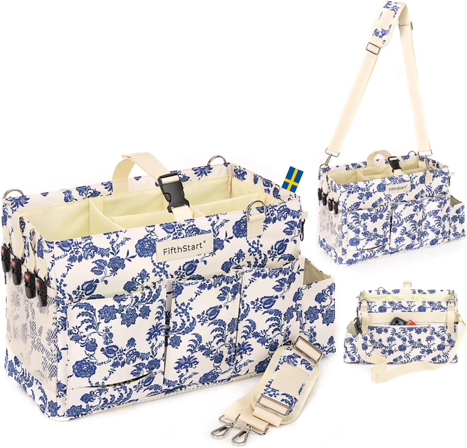 FifthStart multiuse blue floral diaper caddy with adjustable compartments