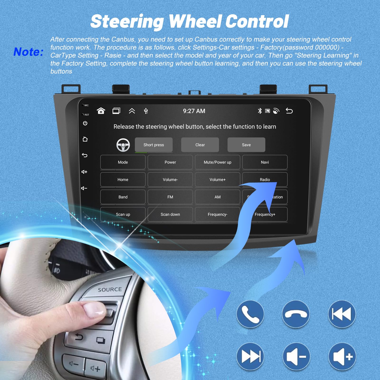 Android Autoradio pour Mazda 3 2009-2013 avec sans Fil Carplay et Android Auto, Écran Tactile HD de 9 Pouces avec GPS/WiFi/Bluetooth/EQ/FM RDS