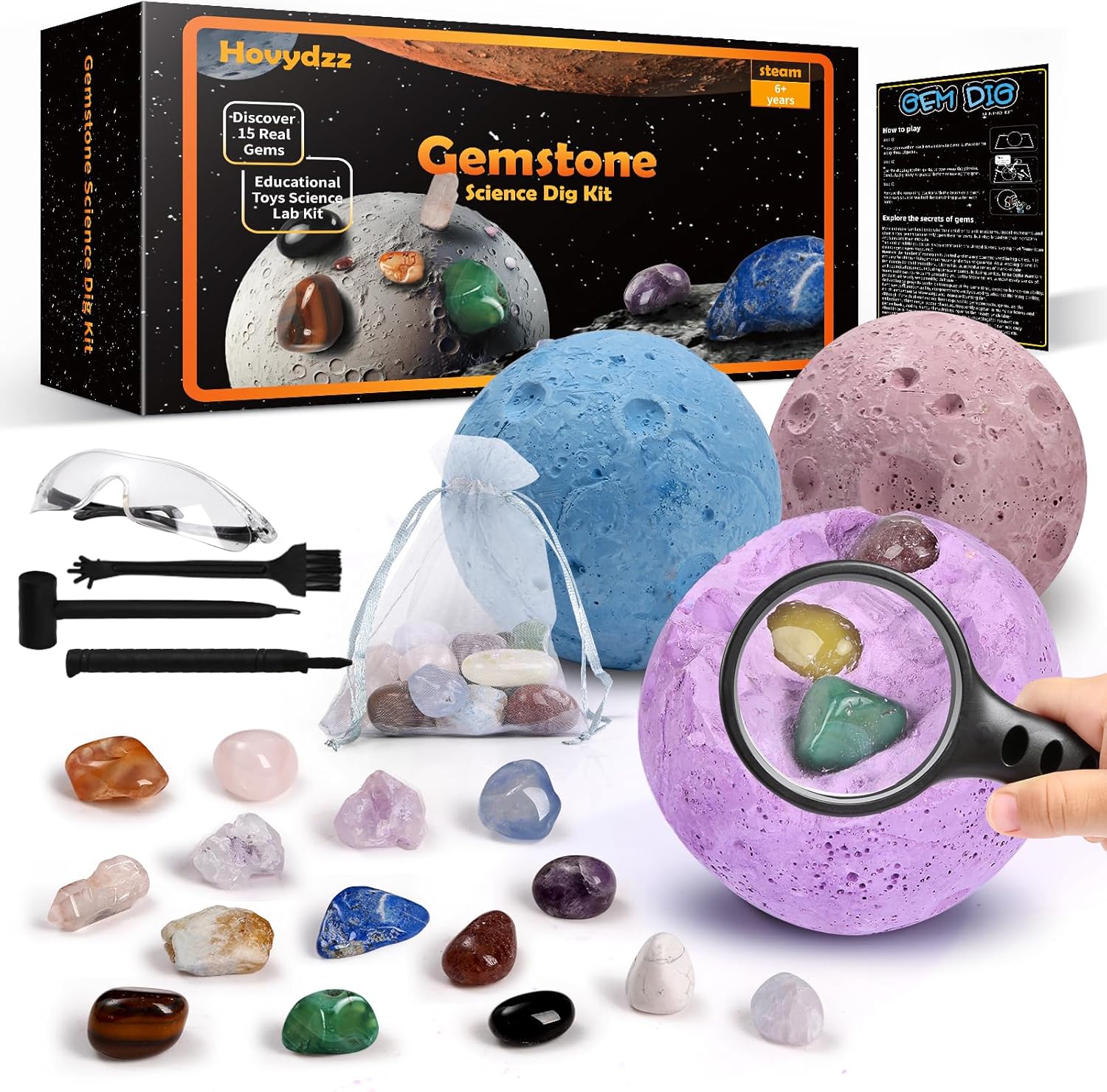 Gemstones Dig Kit, Science Kit for Kids, Dig up 15 Real Gems & Explore Solar System, STEM Educational Mining Space Toys, Archaeology Geology Science Experiments Gift for Boys&Girls Age 6-8-12