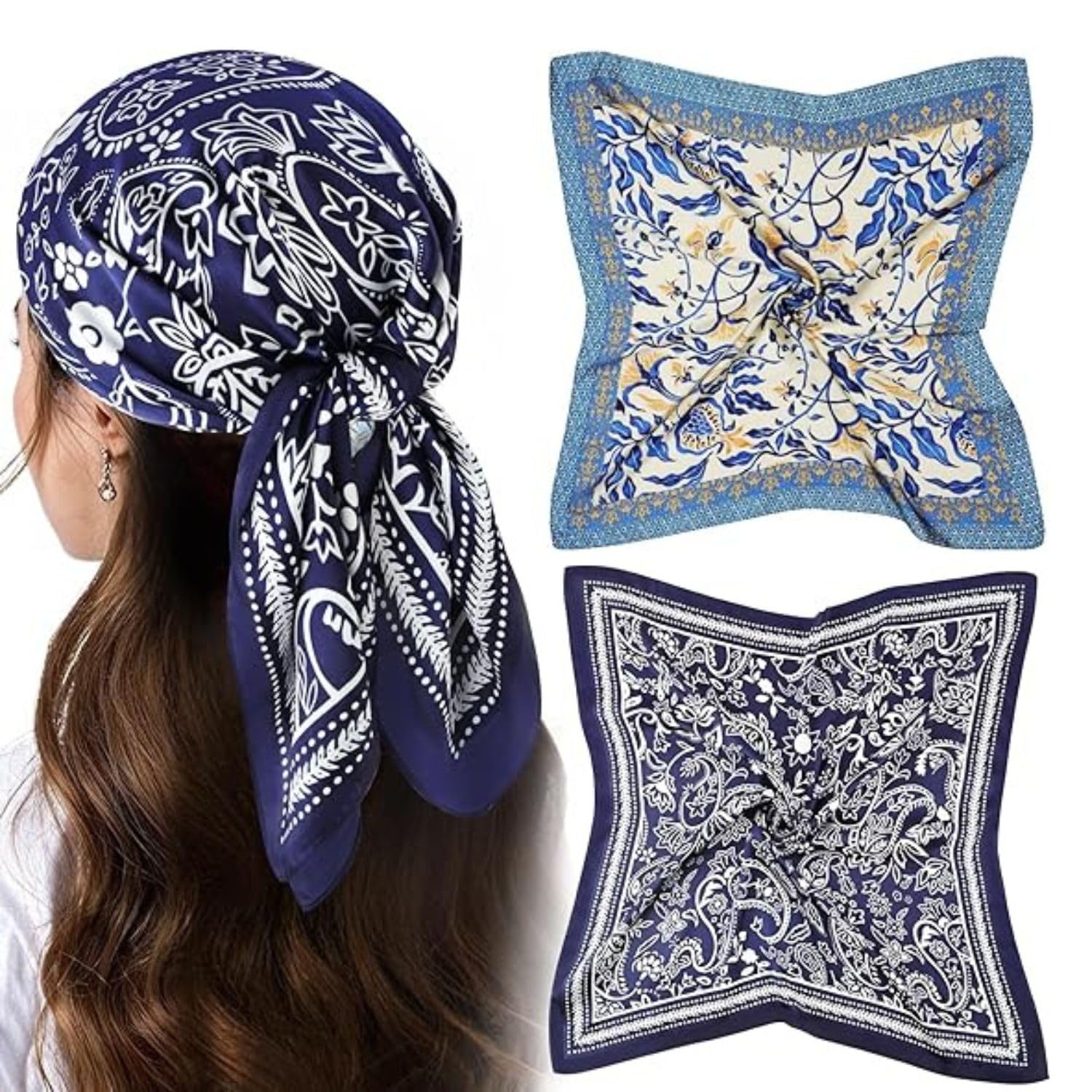2-piece bandana scarf for women stylish, soft satin head scarf silk with multi-way styling | elegant navy blue | head & hair wrap | bandana | gift set | chiffon-like breathable