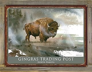 Gingras Trading Post North Dakota Bison King Rustic Metal Print on Reclaimed Barn Wood from Watercolor by Artist Dave Bartholet 17" x 23"