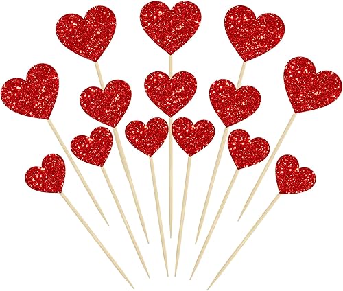 Gyufise 30 adornos de corazón para cupcakes con purpurina roja y dulce corazón, decoración de pasteles para el día de San Valentín, decoración de