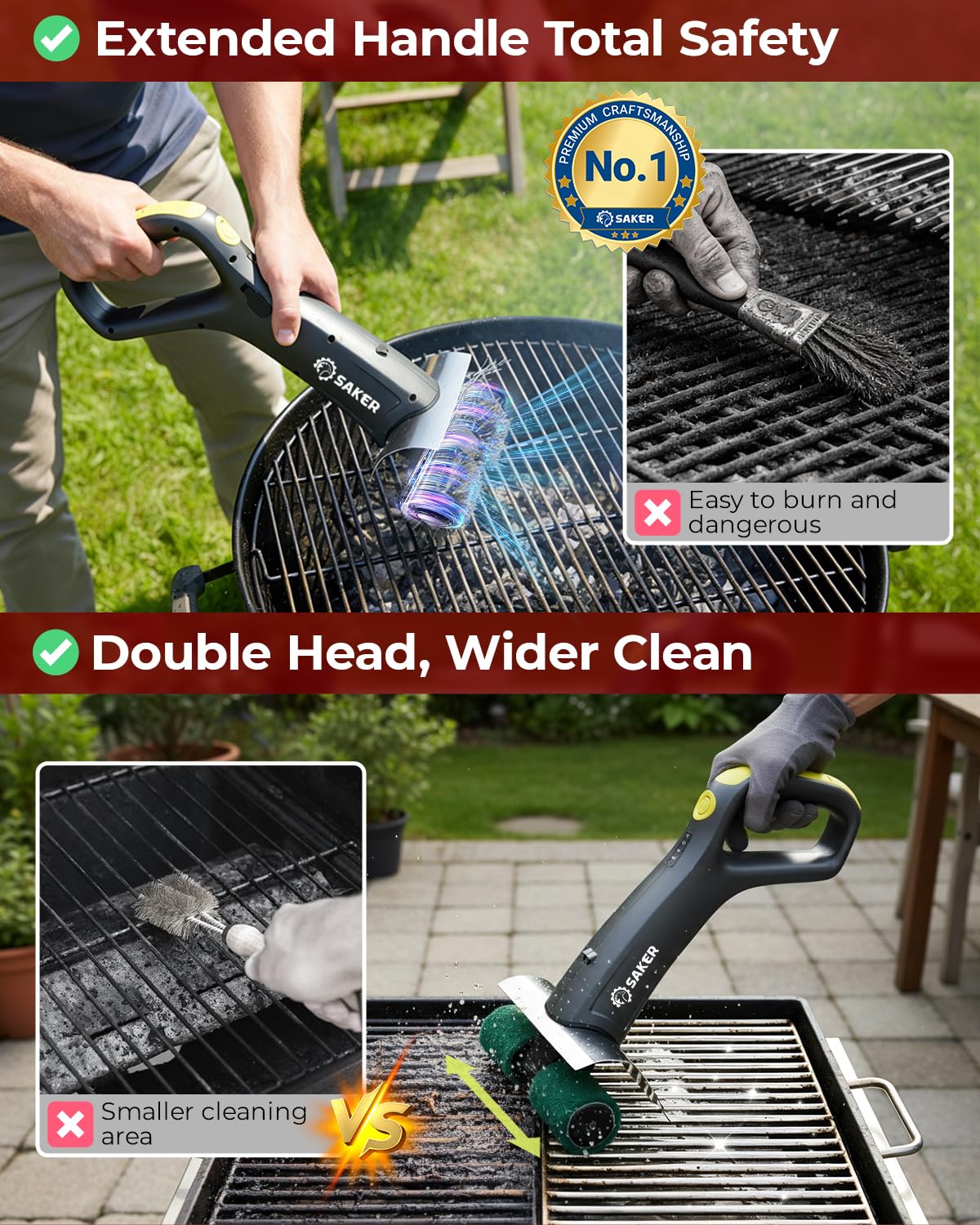 Cepillo de parrilla eléctrico Saker con 450 RPM y luz LED | Cepillo de limpieza de parrilla sin enredos con rodillo duradero | Kit completo de cepillo de 8 piezas y almohadilla de fregado | Regalo