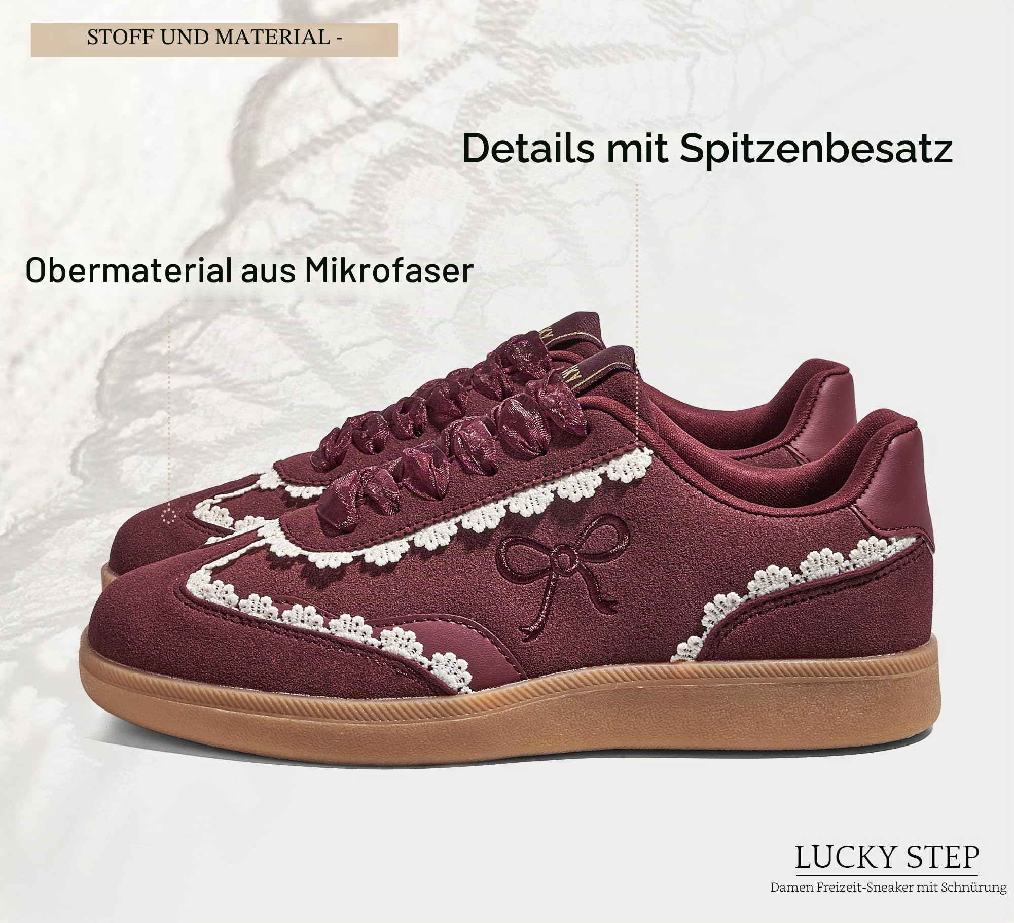 LUCKY STEP Damen Sneakers mit Spitze & Organza-Band | Vintage-Design mit Dicker Gummisohle | Bequeme Freizeitschuhe im Trend-Look für Alltag & Stadt