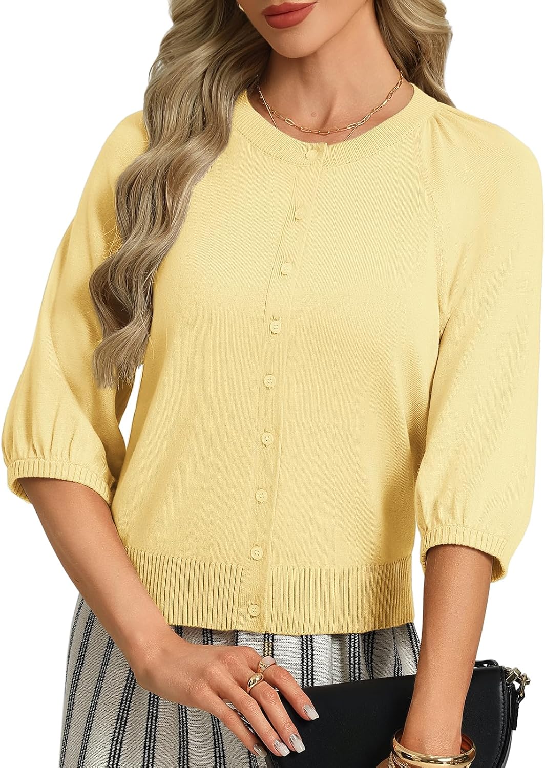 GRACE KARIN Womens Puff Short Sleeve Cardigans, Lightweight Cropped Cardigan, Button Up Knit Shirts Sweater Tops