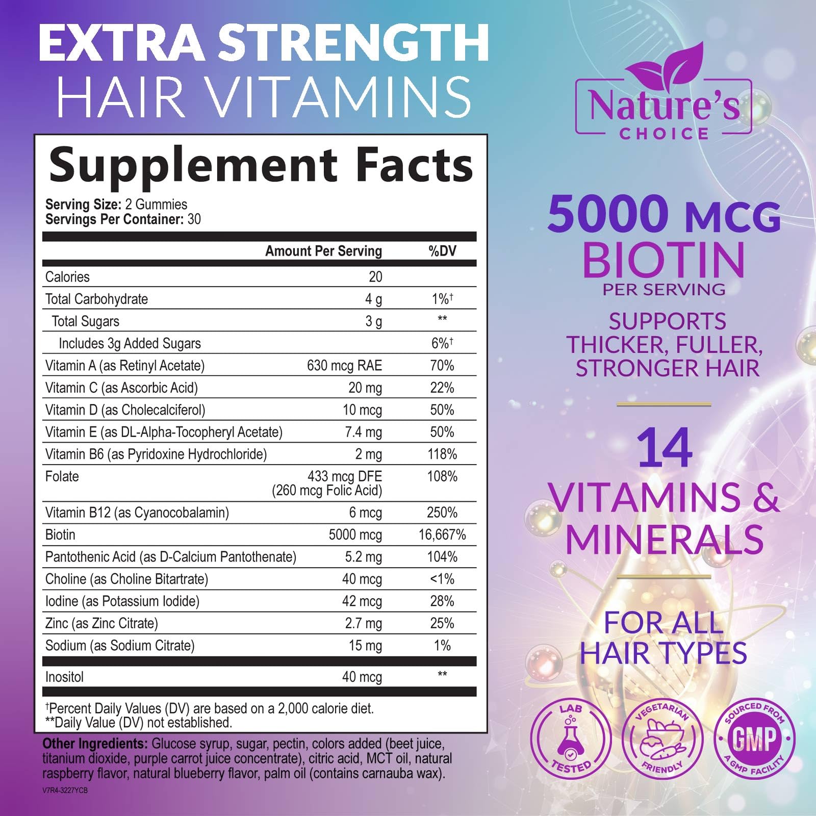 Hair Vitamins Gummies with Biotin 5000 mcg - Extra Strength Hair Growth Support Vitamin E & C - Stronger Radiant Hair, Skin & Nails Supplement - Hair Growth Support Gummy, Berry Flavor - 60 Gummies — Amazon image 2