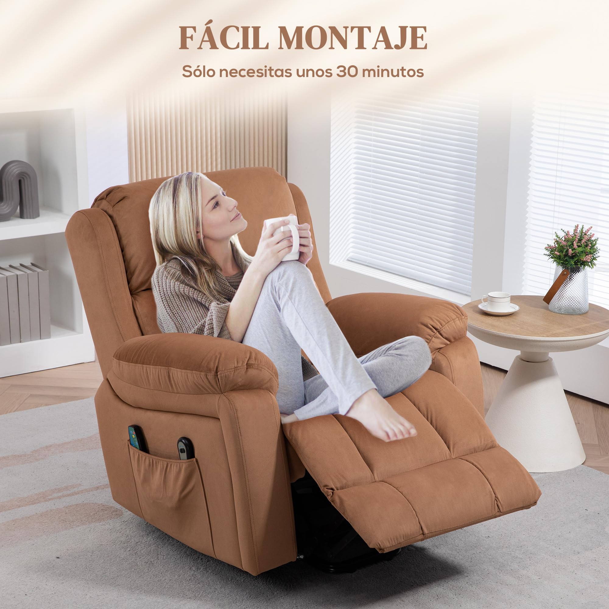 HOMCOM Sillón Relax Reclinable Eléctrico Levanta Personas, con Masaje Vibratorio y Calor, Sillón Elevador, con Control Remoto, Reposapiés, Tapizado en Cuero Sintético, Bolsillos, Marrón