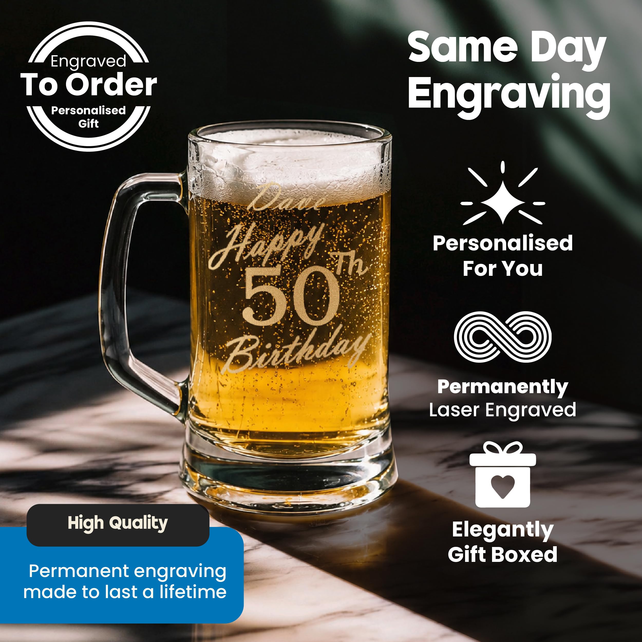 Chope à bière gravée personnalisée avec inscription « Happy 50th Birthday » dans une boîte cadeau