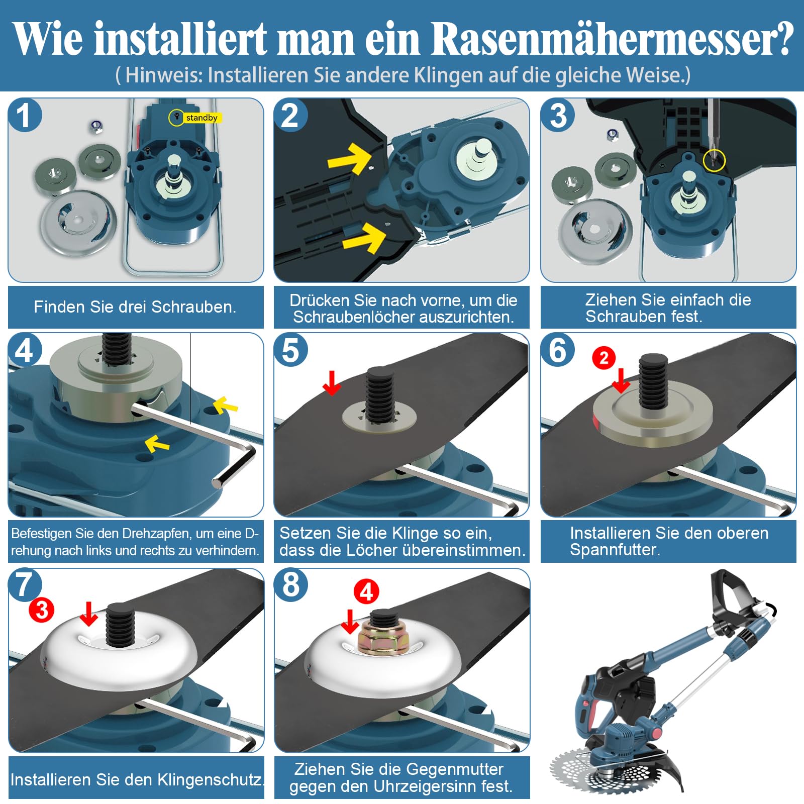 Rasentrimmer mit Akku, Akku Rasentrimmer für Makita-Akkus mit 5 Klingentypen und 2X4.0Ah Akku, 21V Bürstenlose Rasentrimmer mit Unkrautbürste, 5 in 1 Akku Freischneider für Garden Trimmen, Blau