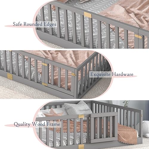 Miniatura 76 de Tatub Cama Montessori de suelo individual con rieles altos, marco de cama Montessori de madera maciza para niños, la entrada se puede instalar a