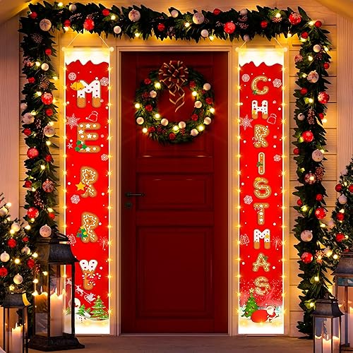 Miniatura 7 de Pancartas de decoración de Navidad para exteriores, pancarta roja colgante con patrón de galletas con tira de luces para decoración de fiesta de