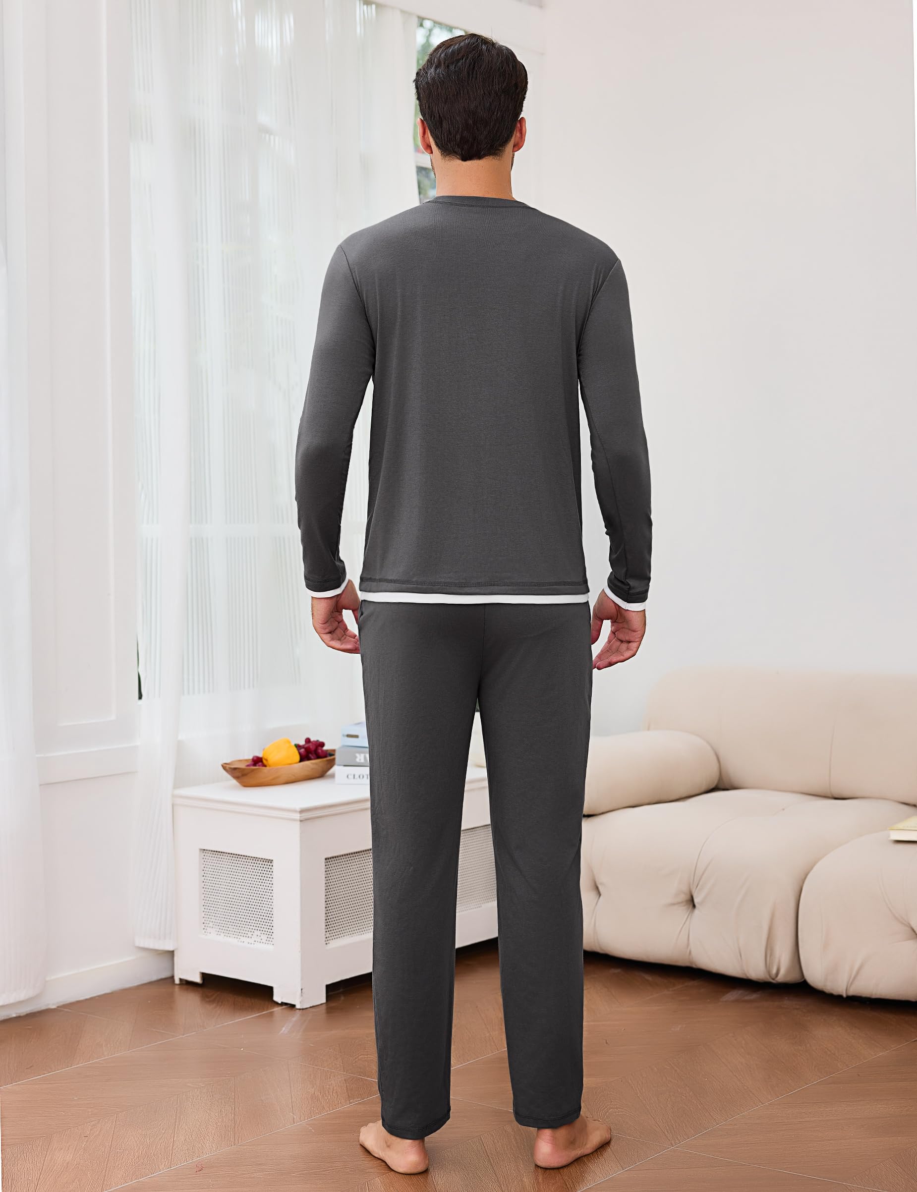 Litherday Pigiama Uomo Invernale Cotone Lungo Pajamas Due Pezzi Maniche Lunghe Pantaloni Lunghi Pigiami Morbido Loungewear con Tasche