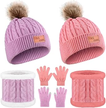 Panitay 2 Sets Winter Toddler Hat Scarf Gloves Set Warm Hat Gloves Knit Neck Scarf for 1-5-6-10 Years Old Girls and Boys