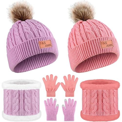 Panitay 2 Sets Winter Toddler Hat Scarf Gloves Set Warm Hat Gloves Knit Neck Scarf for 1-5-6-10 Years Old Girls and Boys