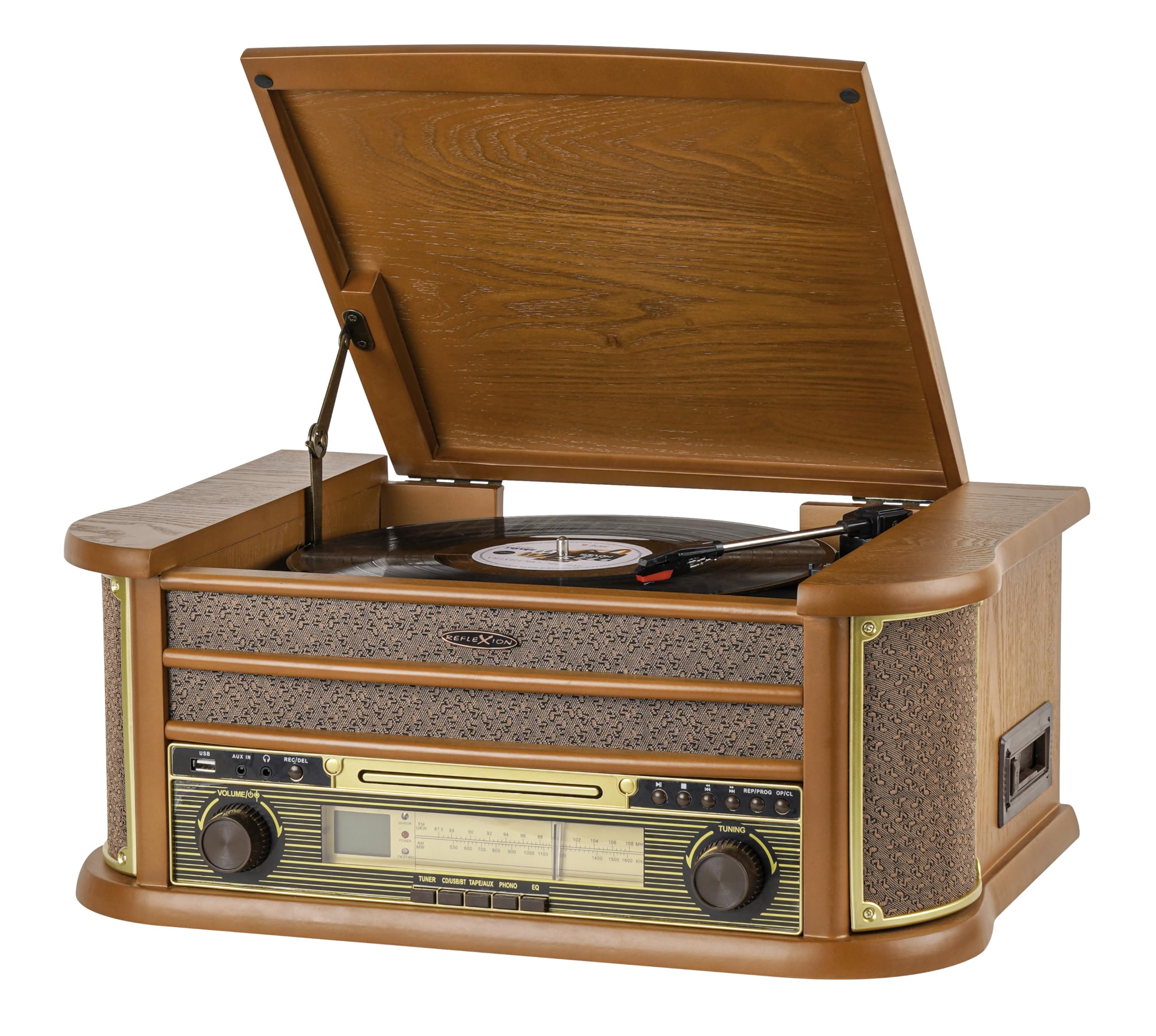 Reflexion HiF2002, impianto HiFi retrò con codifica (2 x 40 Watt), giradischi semiautomatico, effetto legno, funzione codifica, riproduzione MP3 tramite CD e USB