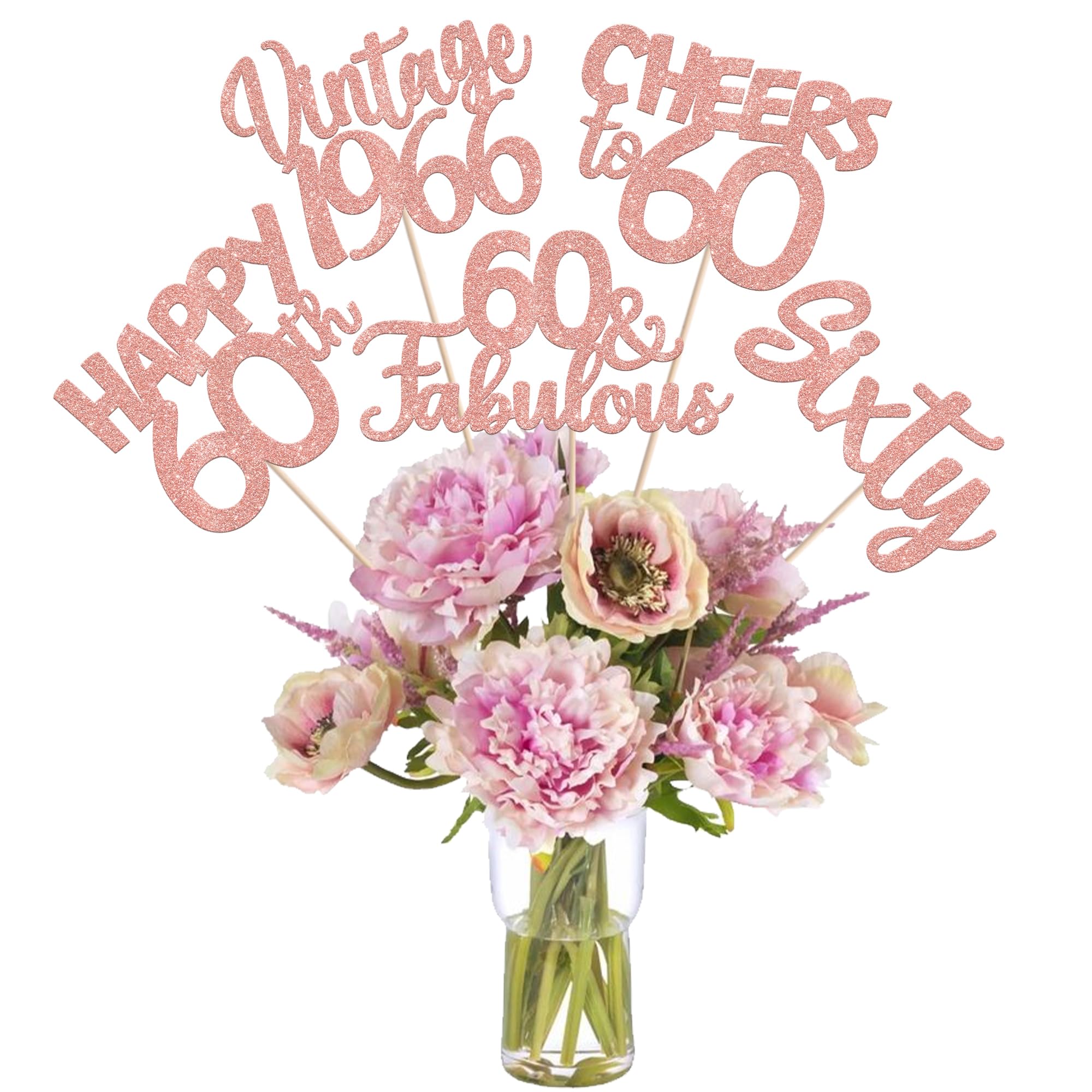 15 PCS 60th Birthday Centerpiece Sticks Sixty Happy 60 Vintage 1966 Table Flower Centerpieces Sticks Cheers to 60 Fabulous Floral Decorations 60th Birthday Party Centerpieces Supplies Rose Gold