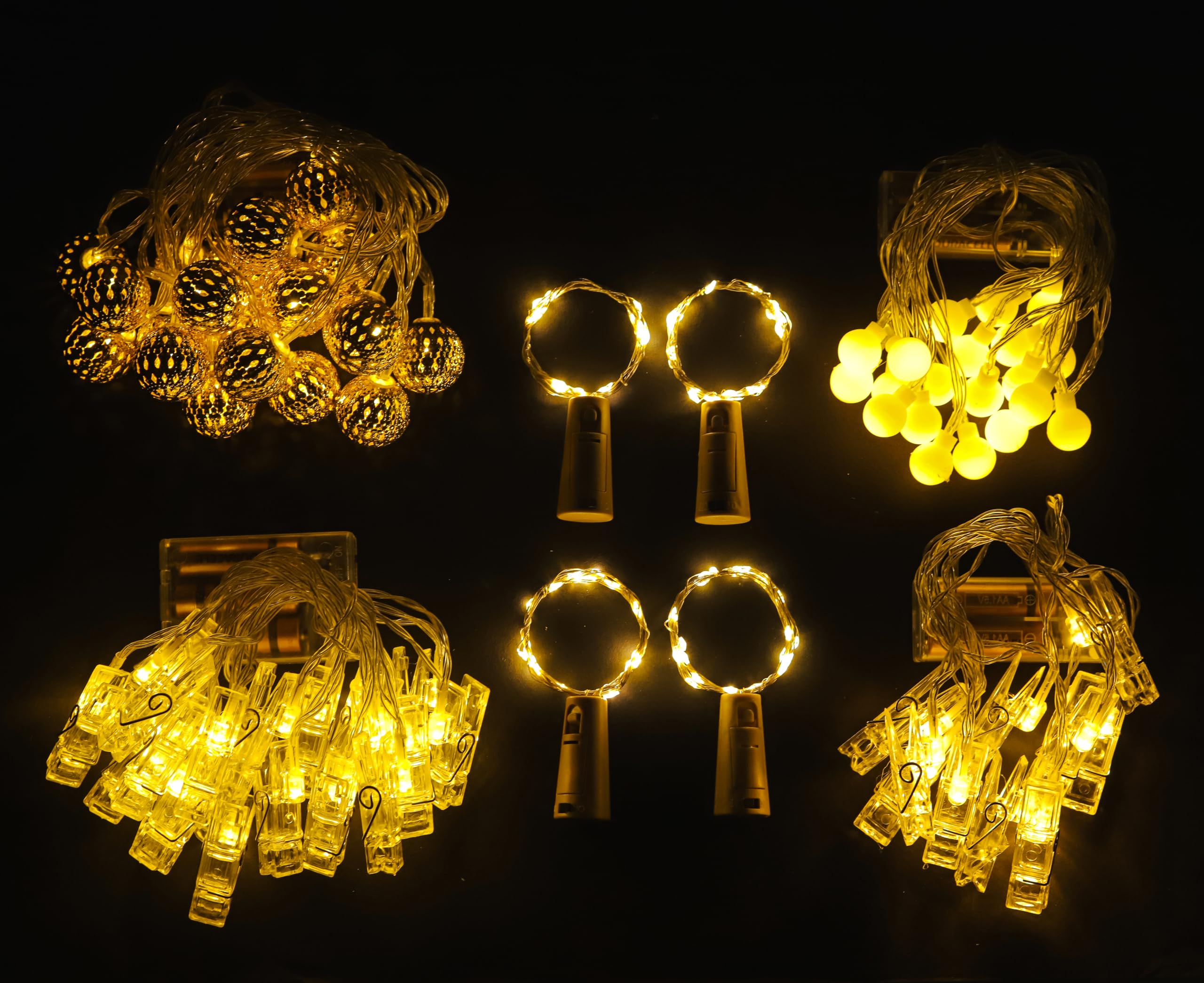 Lexton Lights Combo of White Bulb Light | Golden Ball Light | PhotoClip 10 Clips Light | Battery Powered Photoclip Light 20 Clips & 4 Cork Light for Festivals Decoration Diwali Christmas Warm White 1