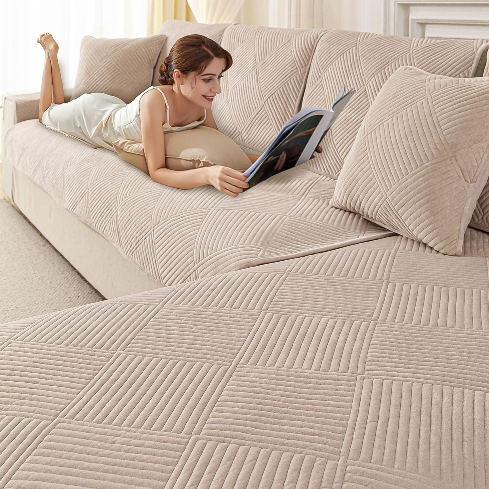 Funda Sofa Chaise Long 1 2 3 4 Plazas Protector de Cubre Sofa- Universal, Antideslizante,en Forma de L,Fundas de Sofá Súper Suave para Mascota(Marrón café Claro)
