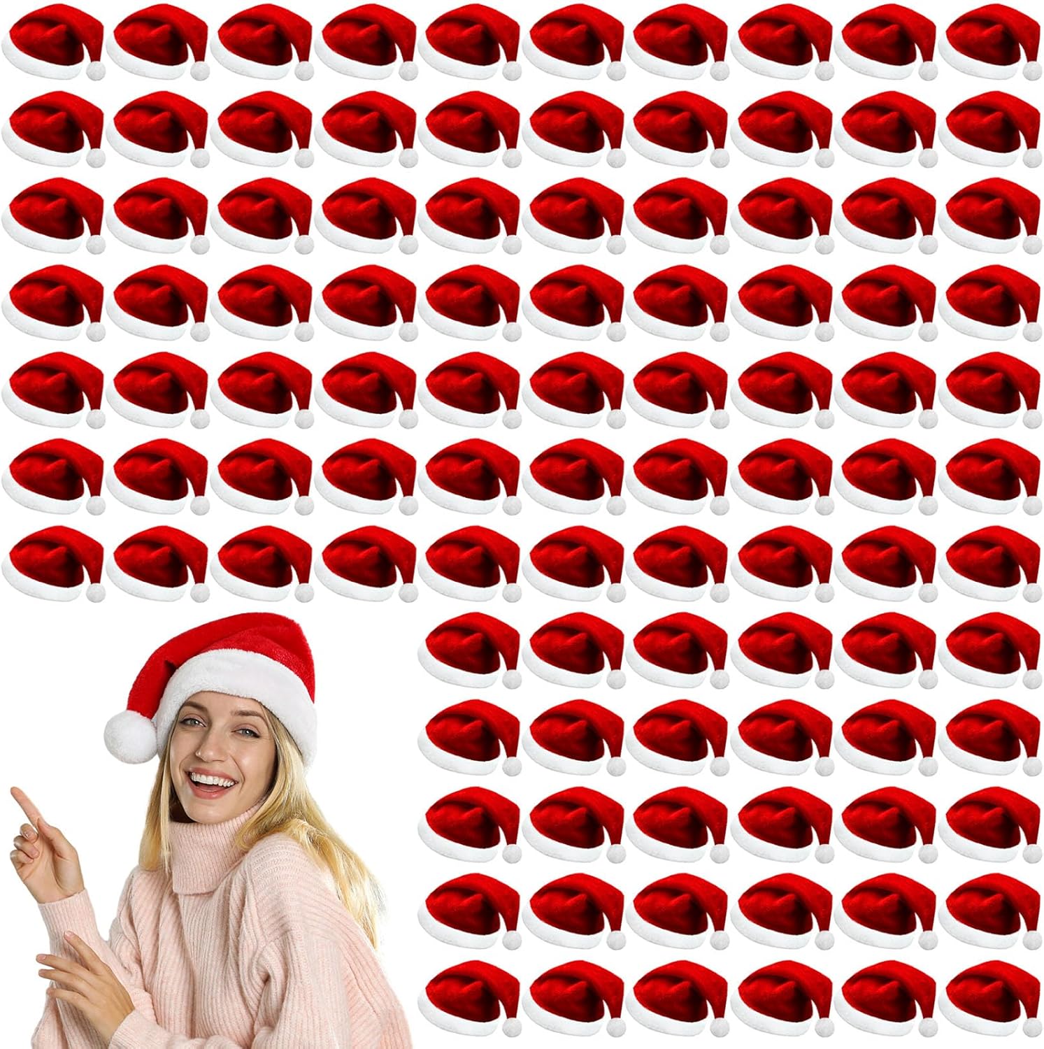 Chuarry 100 Pieces Christmas Santa Hats Bulk with White Cuffs 15.7 x 12.6 Inches Large Christmas Hats Plush Christmas Costume Adults Hats for Holidays Xmas Party Supplies