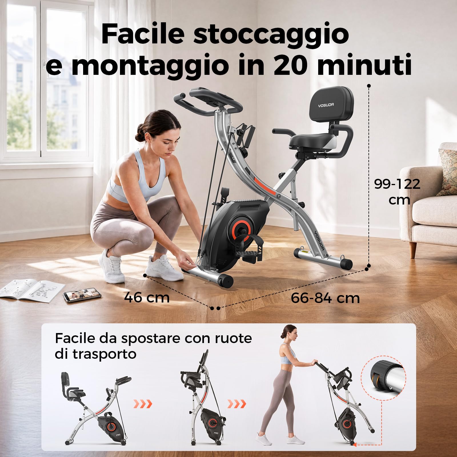 YOSUDA Cyclette da Casa Pieghevole 5 in 1 con APP, Cyclette Pieghevole con Banda Elastica, Monitor LCD, 8/16 Livelli di Resistenza, Sedile largo, Max 150/172 kg