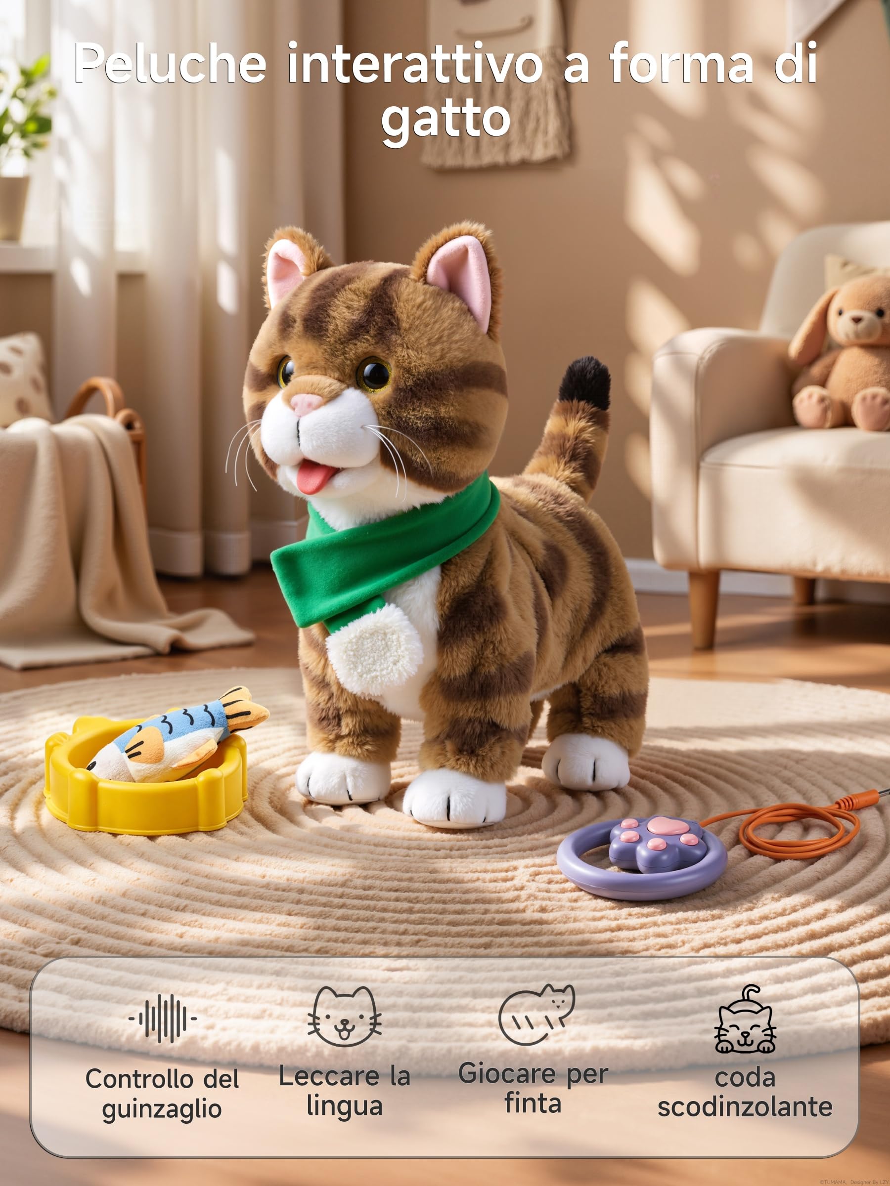 OR OR TU Giocattolo Gatto che Cammina Interattivo Gatto Peluche | Gatto Tigrato, Peluche Delicato Sulla Pelle, Telecomando, Cammina, Canta, Miagola, Scodinzola e si Lecca la Lingua