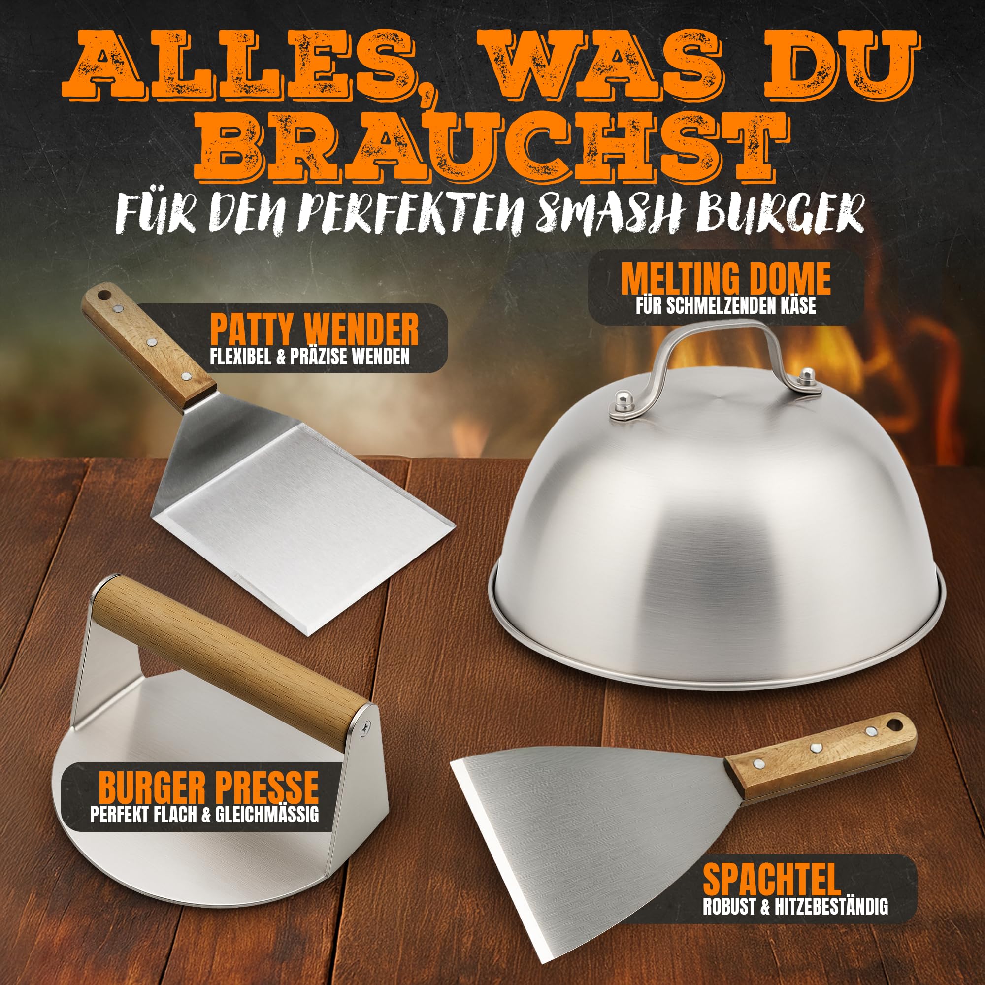 Smash Burger Set – 4-teiliges Burger Set aus Edelstahl & edlen Holzgriffen – inkl. Burgerglocke für extra Aroma - Plancha Zubehör für Smash Burger – Burger Presse, Spachtel, Wender & Glocke