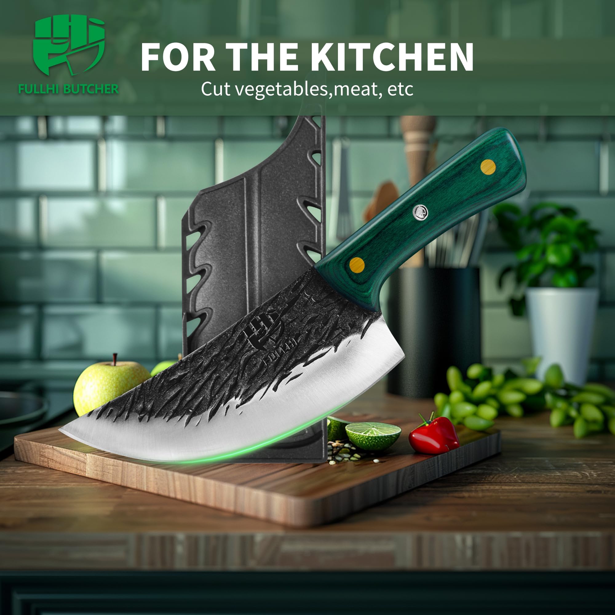 FULLHI Cuchillo de Carne con Mango de Madera y Funda, Cuchillo de Cocina de Acero al Carbono para Cortar Carne, Cocina al Aire Libre, Camping Barbacoa (Verde, 17cm)