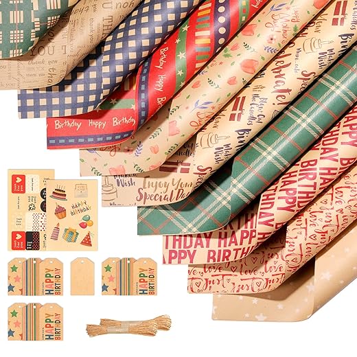 Heelay Gift Wrapping Paper, Eco Friendly Christmas Wrapping Paper with Cut Lines on Reverse, 10 Sheet Set 27.55" x39.37" Upgraded Folded Flat Gift Wrapping Paper for Thanksgiving Day, Christmas Day, Birthday