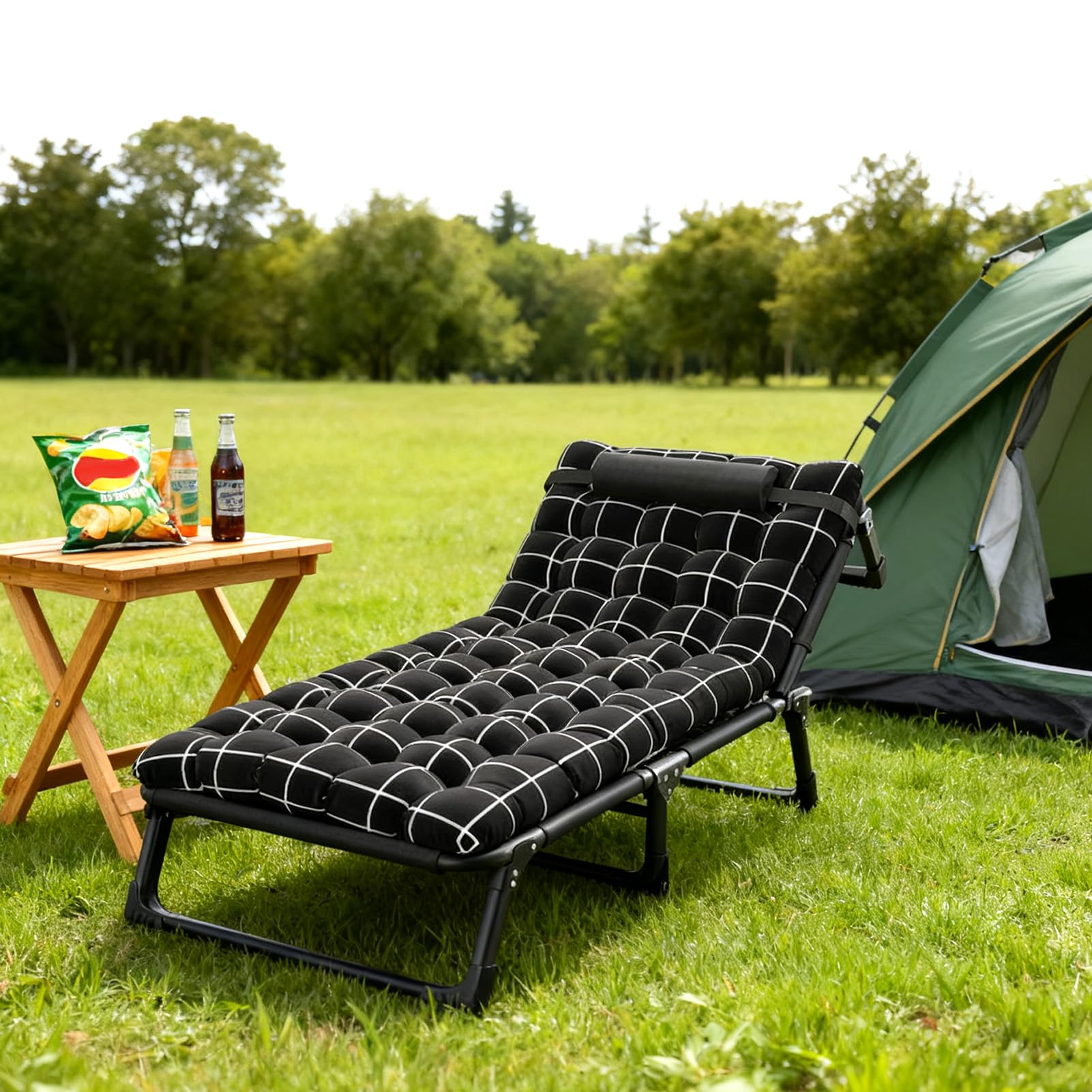 Lit Pliant 1 Personne avec Matelas en Coton Perle Faux, Lit de Camp Pliable Réglable 4 Positions pour Camping, Maison, Jardin – Cadre Acier Résistant 200kg, Compact et Portable (Noir)