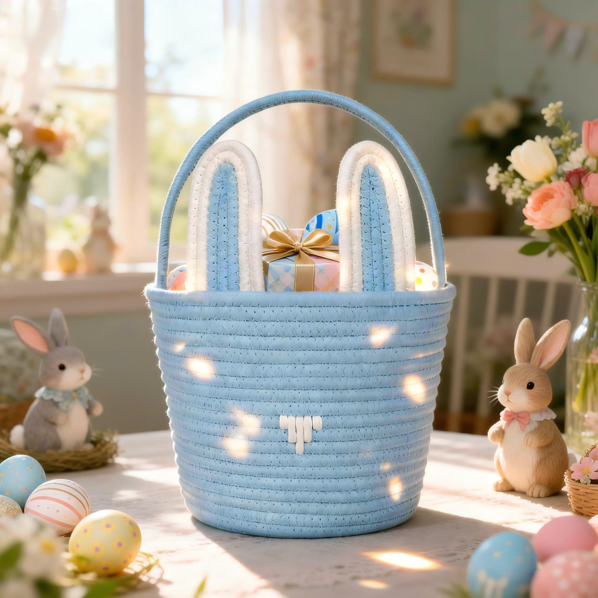 Poschnor Oster-Geschenkkorb leer mit Geschenktüten und Bändern, Osterhasenkorb, kleine gewebte Seilkörbe zum Organisieren, Korb zum Verschenken, Aufbewahrungskorb, Blau