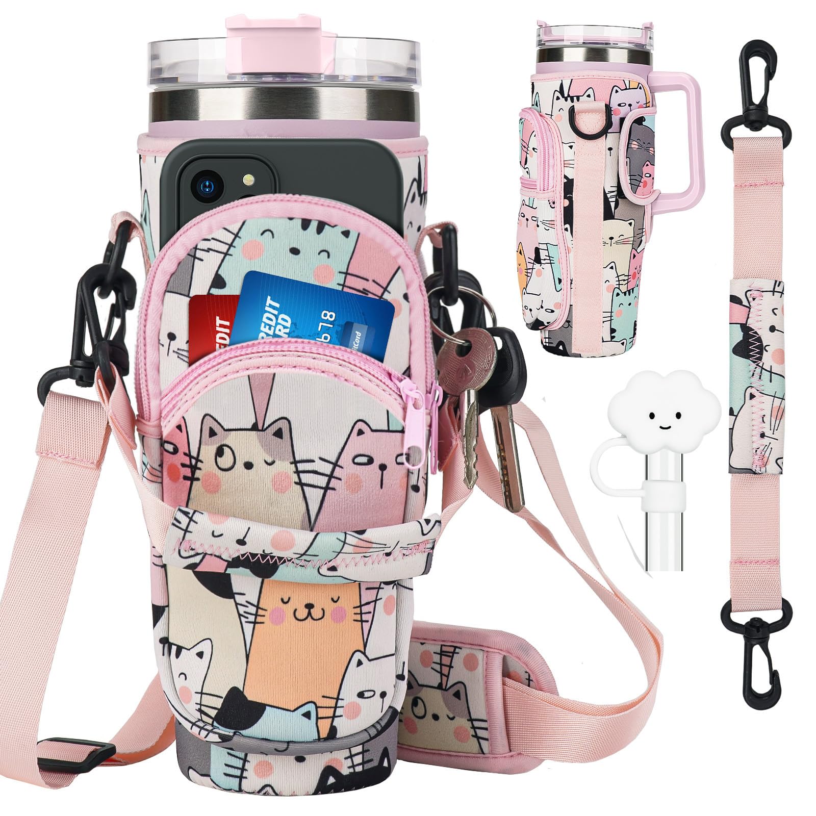 Water Bottle Carrier Bag For Stanley Cup, Water Bottle Holder With Adjustable Shoulder Phone Pocket Fits Stanley 40oz, For Walking Hiking Camping(White - View #5
