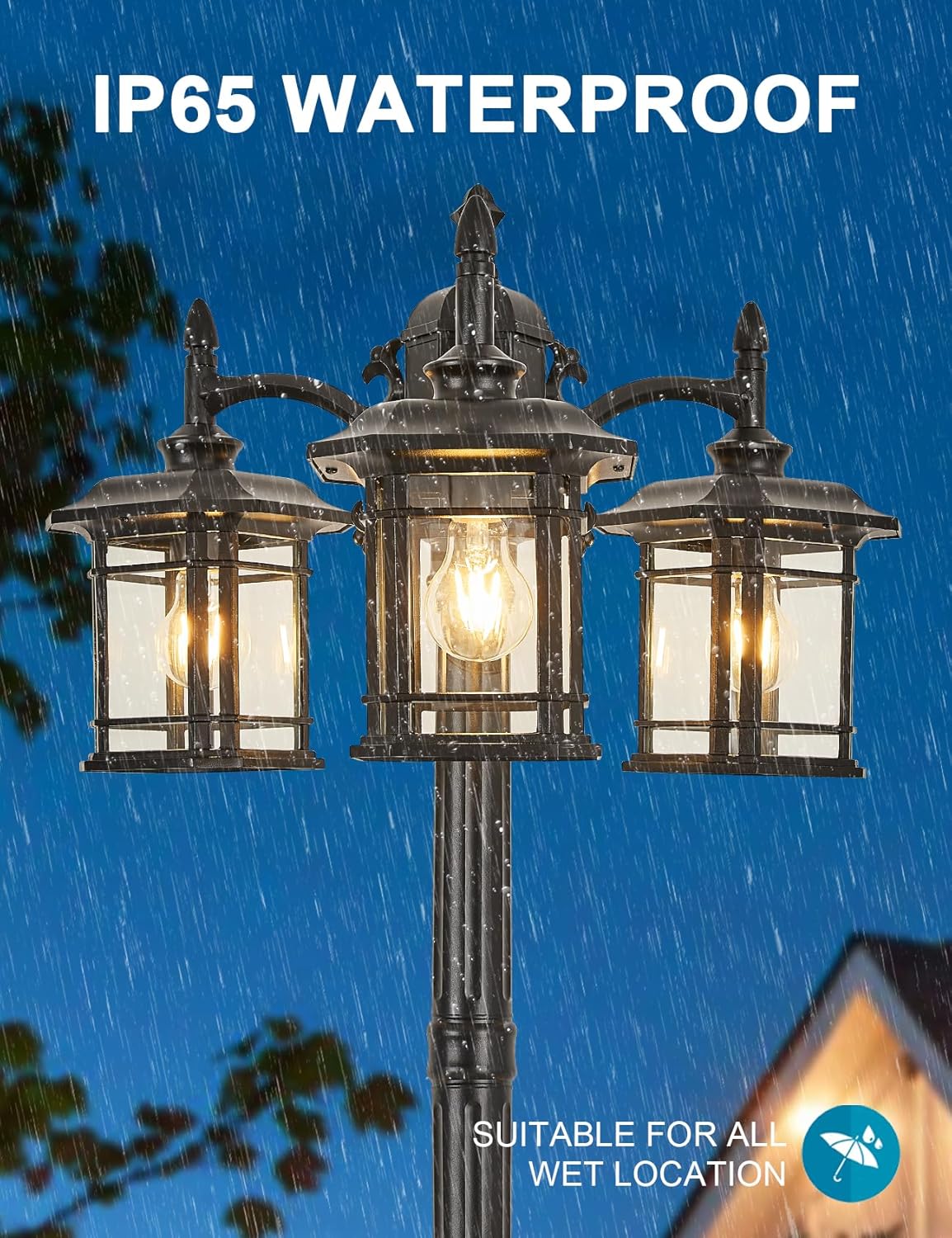 Dusk to Dawn Sensor Outdoor Post Light 82.7" H 3-Headed Post Lamp with Outlet E26 Pole Street Lantern 3 Light Outdoor Lamp Post Lights IP65 Waterproof Outdoor Street Light for Pole Garden