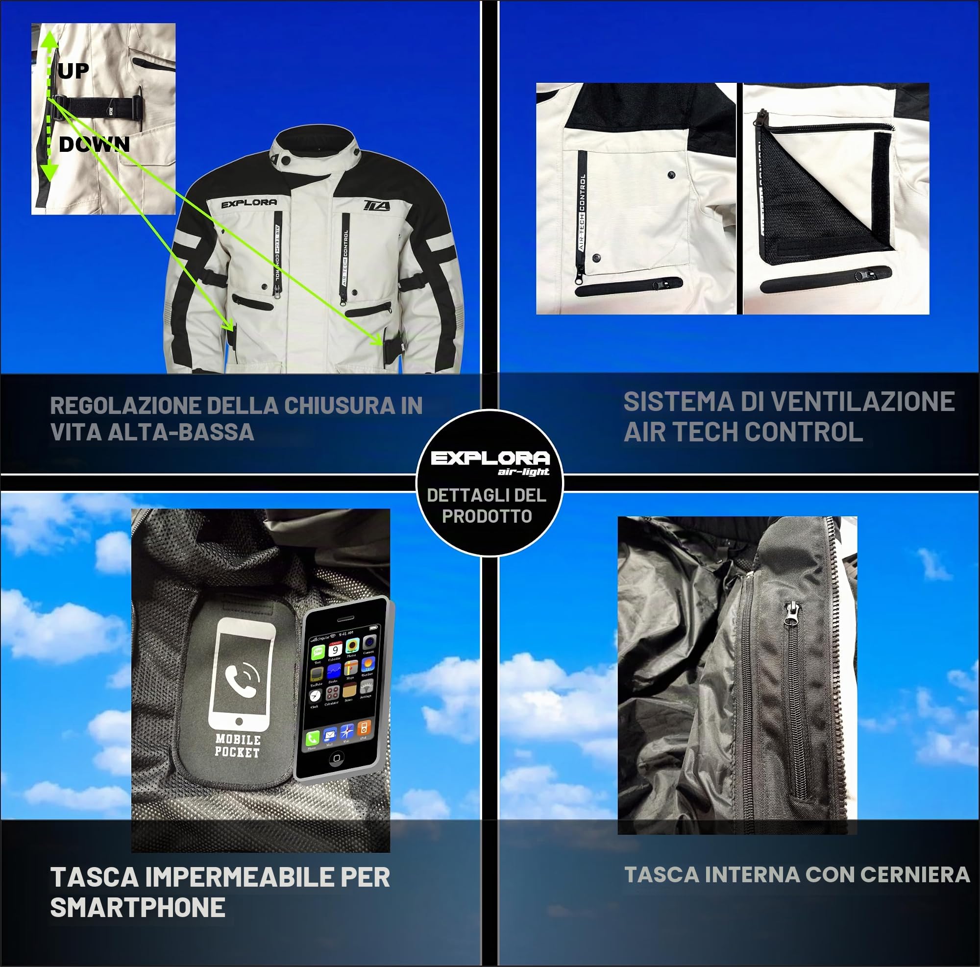 TLA EXPLORA LIGHT Giacca moto con protezioni omologata CE classe A, fodera impermeabile rimovibile, taglie sino 7XL uomo, donna, Giubbotto moto Enduro mezza stagione, estiva