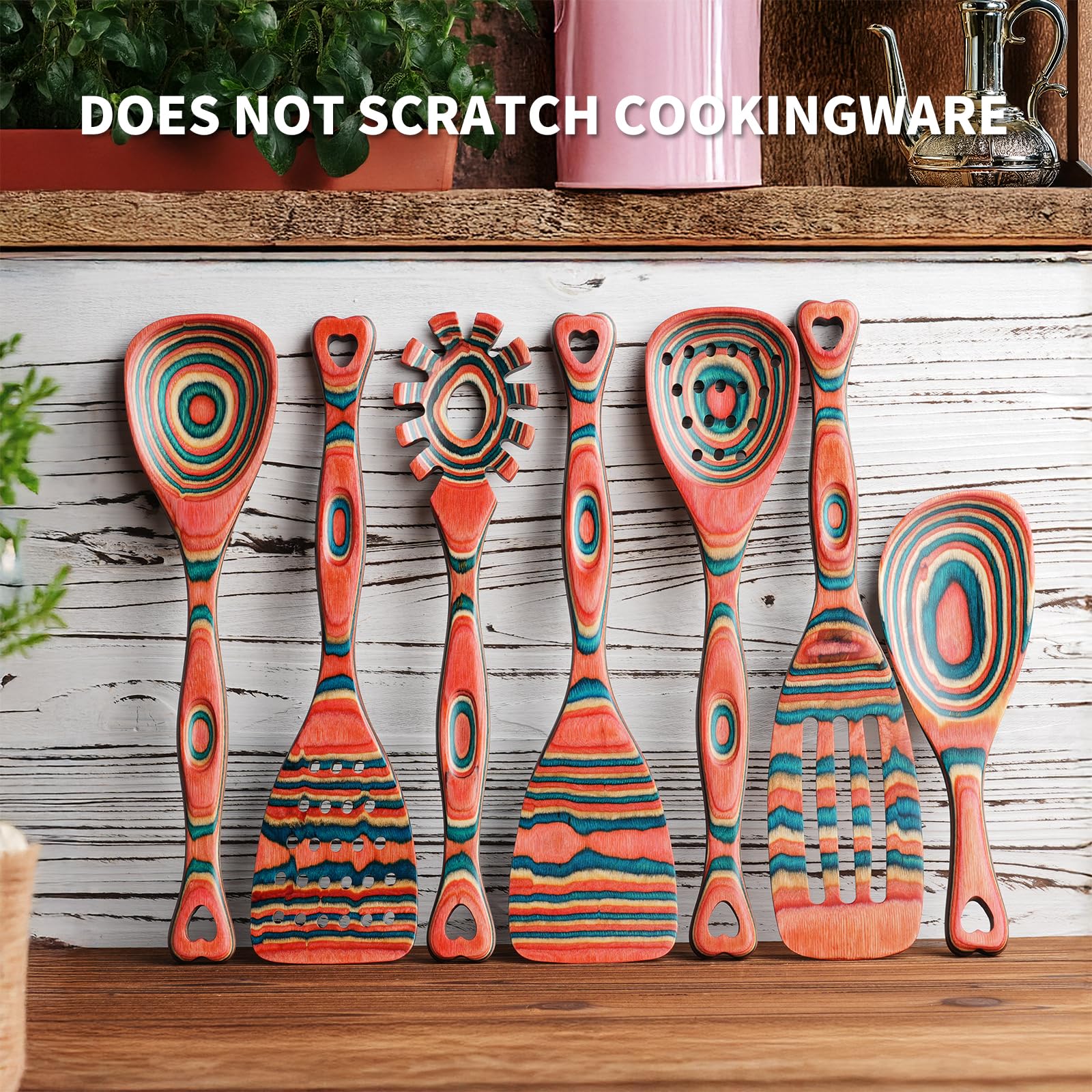 Gudamaye Pakkawood 7-teiliges Kochutensilien aus Holz, Holzlöffel zum Kochen, Holzutensilien-Set, rosa-orange Pakkawood Kochlöffel, Antihaft-Löffel, Pakkawood Küchenutensilien