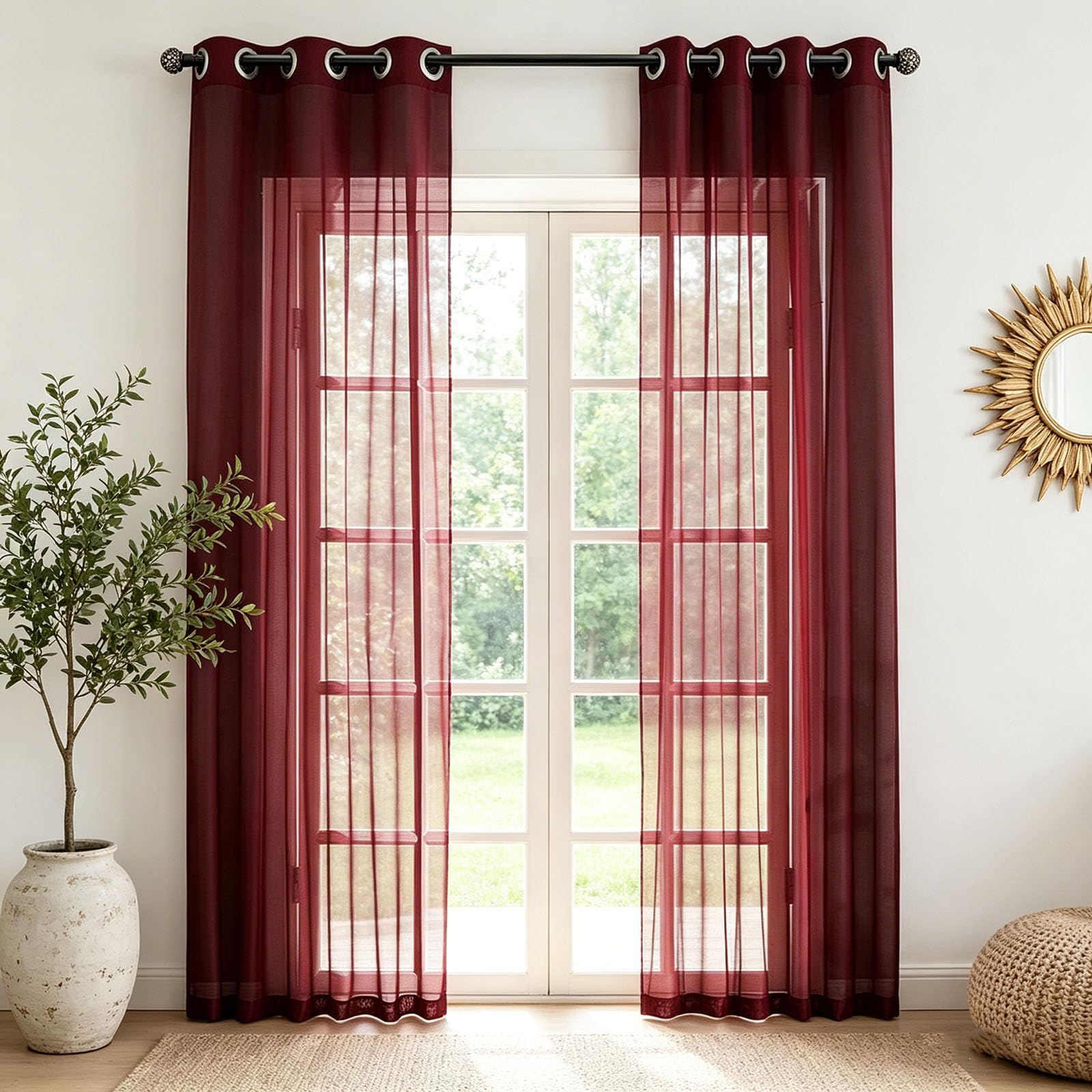 Lot de 2 rideaux voilages rouges effet lin 230x95 cm filtre lumineux